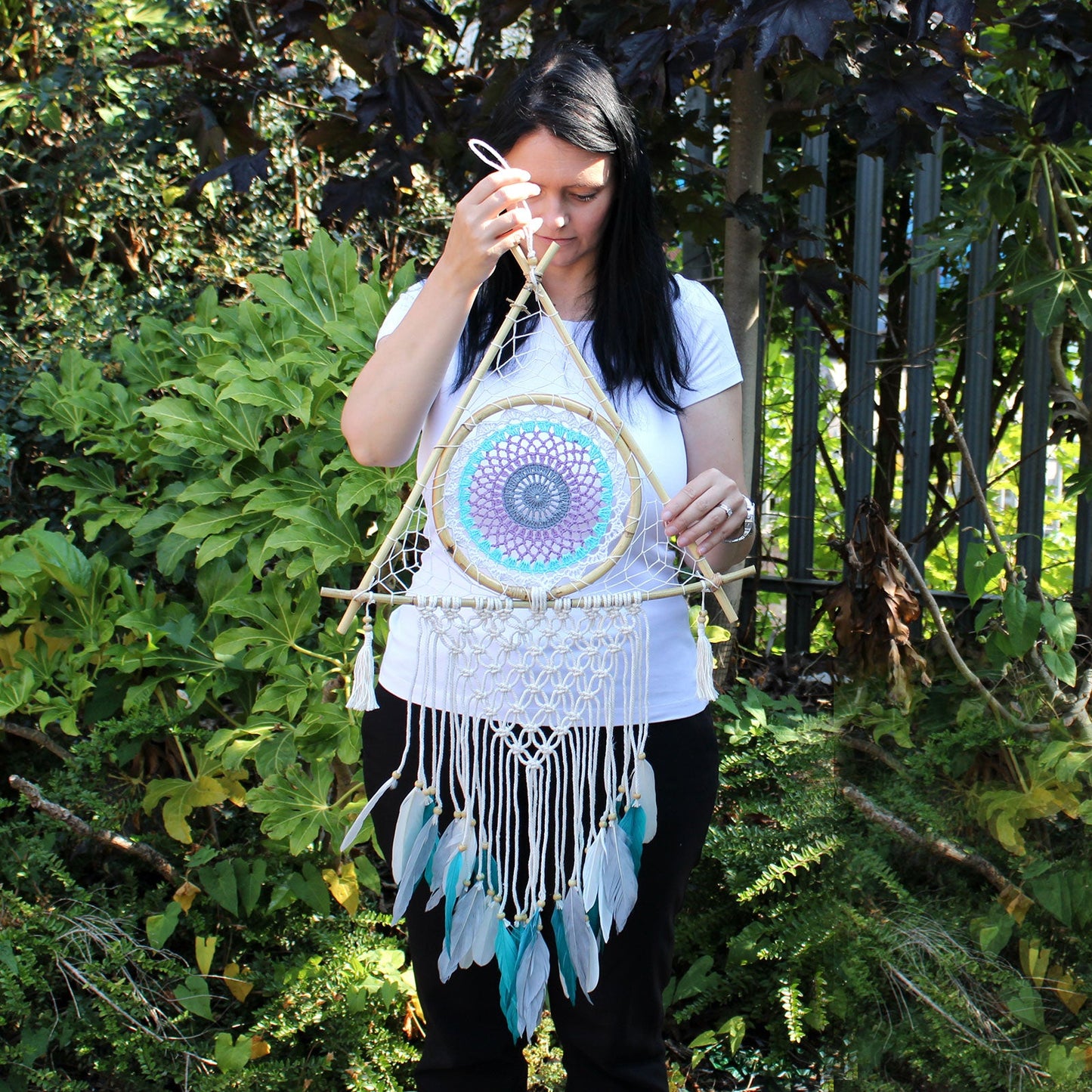 Handcrafted Macrame and Rattan Protection Dreamcatcher - Large / Pyramid / White and Turquoise product packaging on clean background from Quintessential Holistic Health Ltd