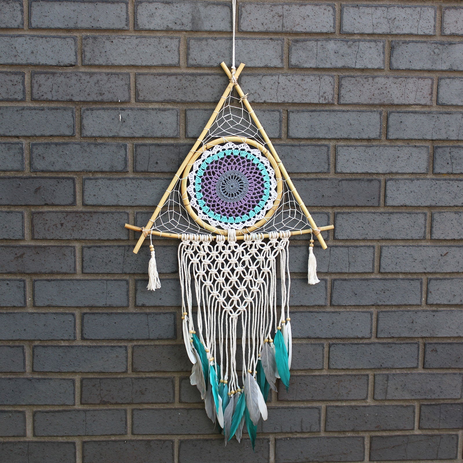 Handcrafted Macrame and Rattan Protection Dreamcatcher - Large / Pyramid / White and Turquoise product packaging on clean background from Quintessential Holistic Health Ltd