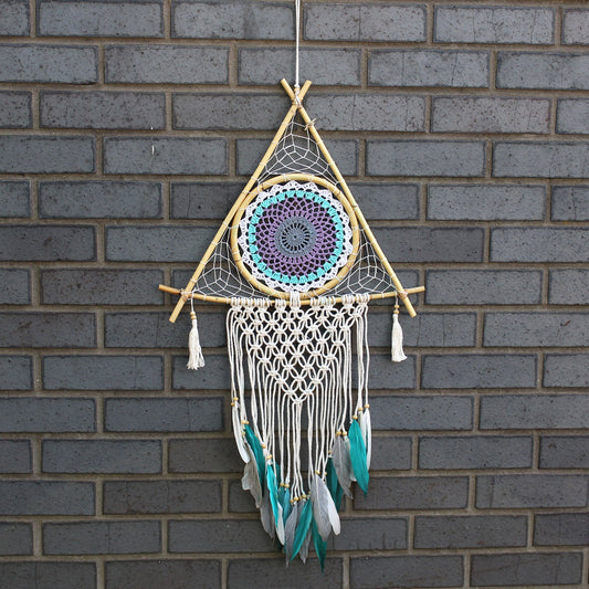 Handcrafted Macrame and Rattan Protection Dreamcatcher - Large / Pyramid / White and Turquoise product packaging on clean background from Quintessential Holistic Health Ltd