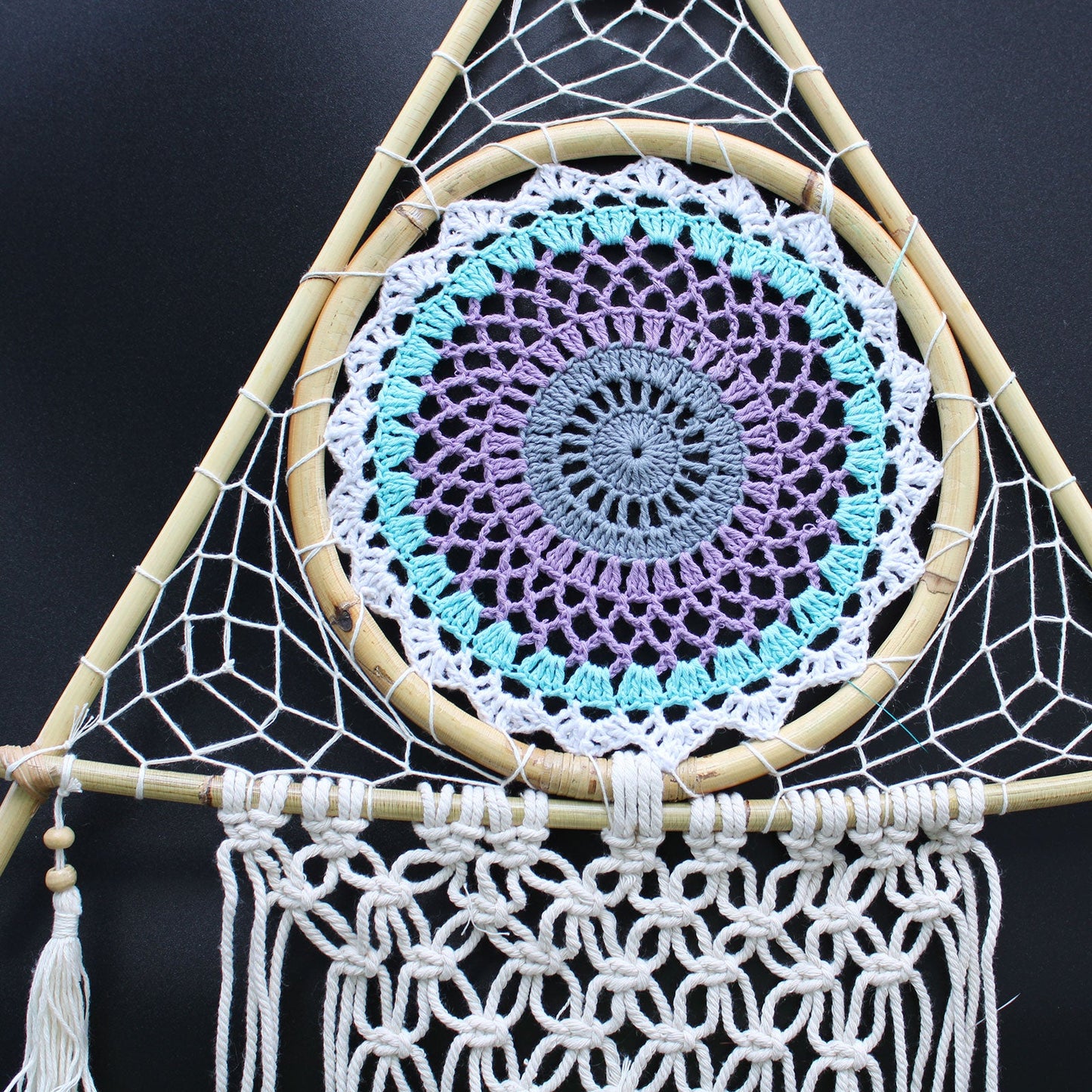 Handcrafted Macrame and Rattan Protection Dreamcatcher - Large / Pyramid / White and Turquoise product packaging on clean background from Quintessential Holistic Health Ltd