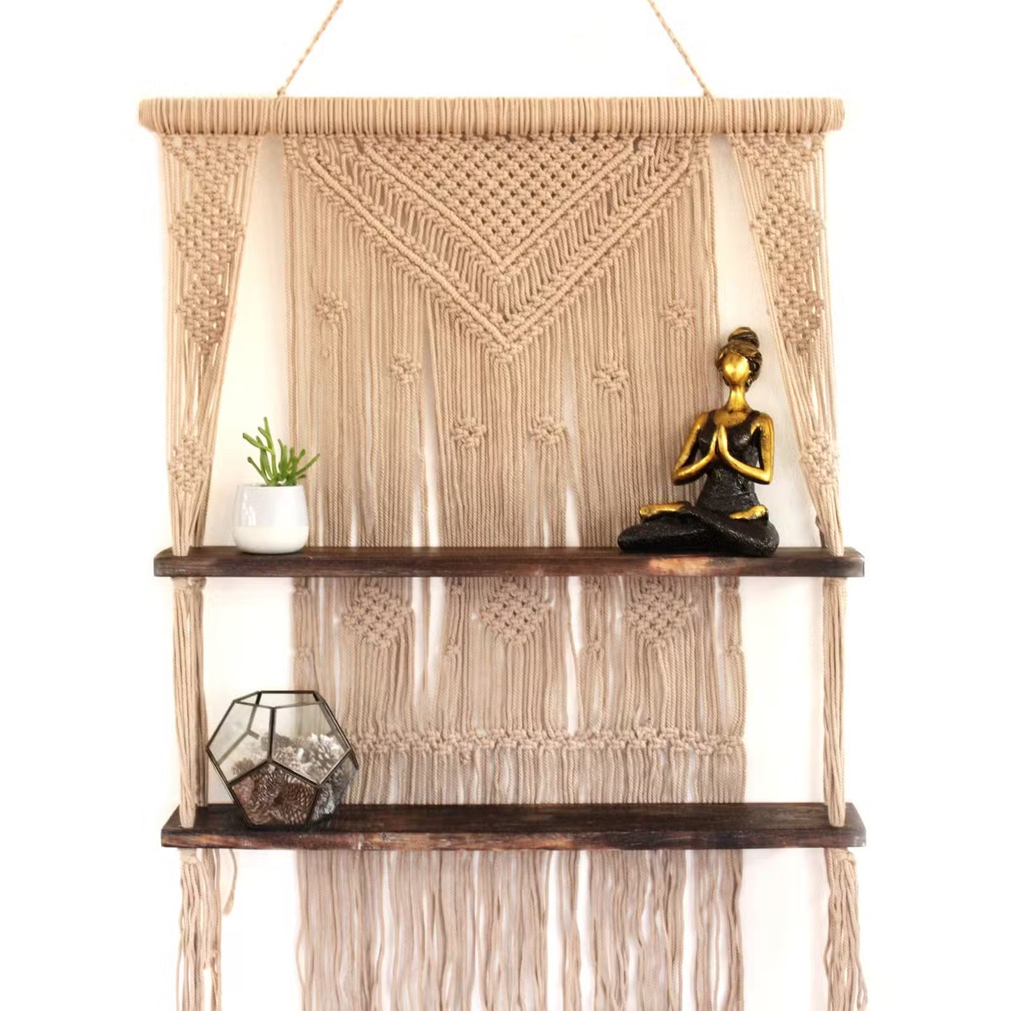 Handmade Eco-Friendly Macrame Cotton and Wooden Hanging Shelves - Brown