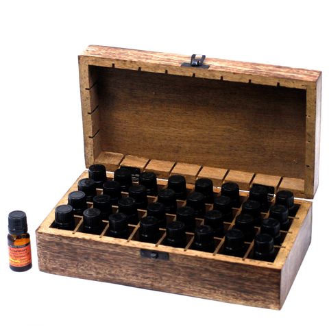 Mango Wood Hand Carved Aromatherapy Essential Oil Box - Floral Design for 32 Bottles