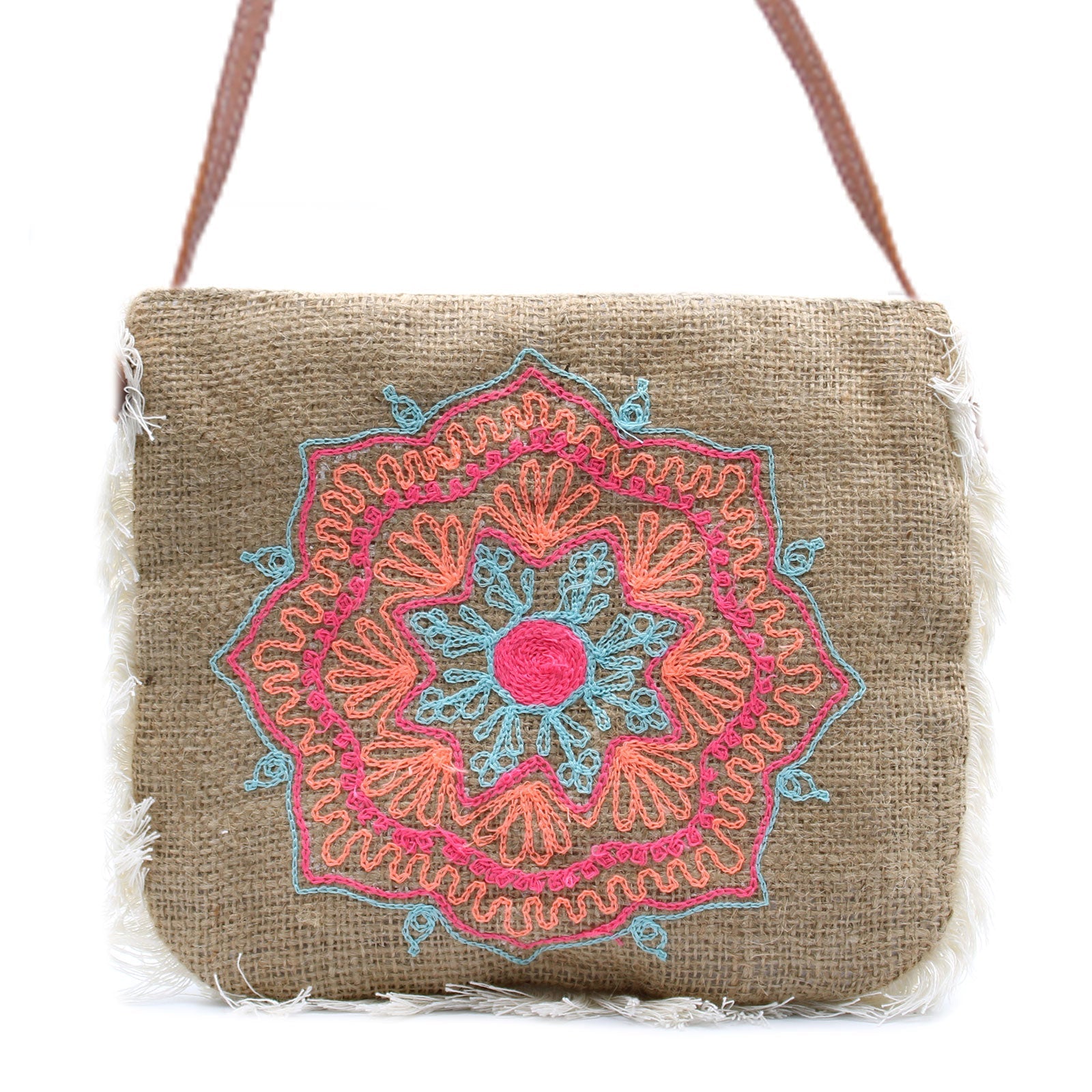 Soft Washed Eco-Friendly Jute Fringe Shoulder Handbags - Colourful Mandala product packaging on clean background from Quintessential Holistic Health Ltd