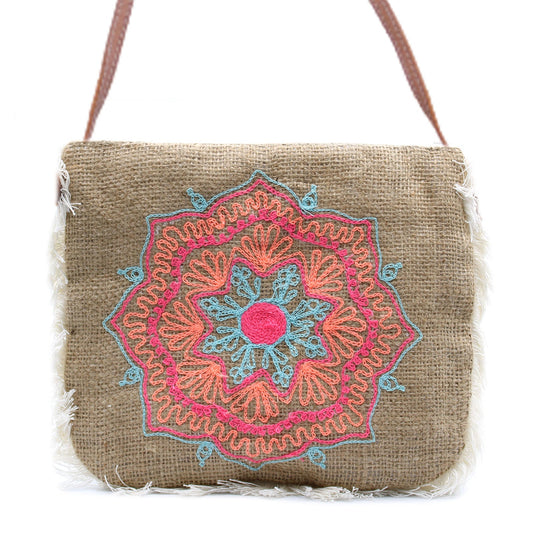 Soft Washed Eco-Friendly Jute Fringe Shoulder Handbags - Colourful Mandala product packaging on clean background from Quintessential Holistic Health Ltd
