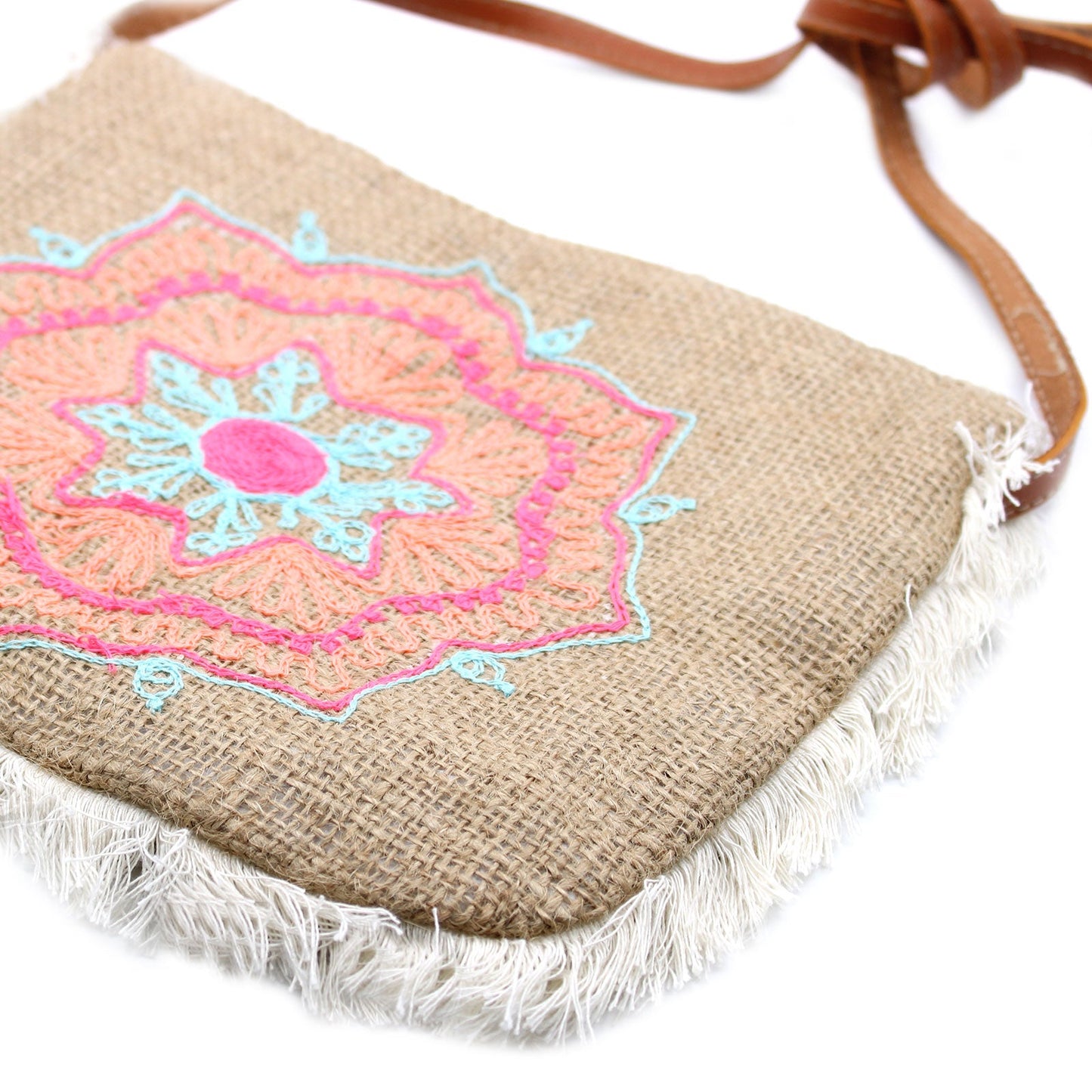 Soft Washed Eco-Friendly Jute Fringe Shoulder Handbags - Colourful Mandala product packaging on clean background from Quintessential Holistic Health Ltd