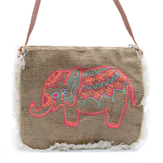 Soft Washed Eco-Friendly Jute Fringe Shoulder Handbags - Colourful Elephant