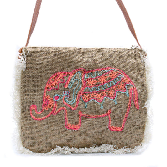 Soft Washed Eco-Friendly Jute Fringe Shoulder Handbags - Colourful Elephant product packaging on clean background from Quintessential Holistic Health Ltd