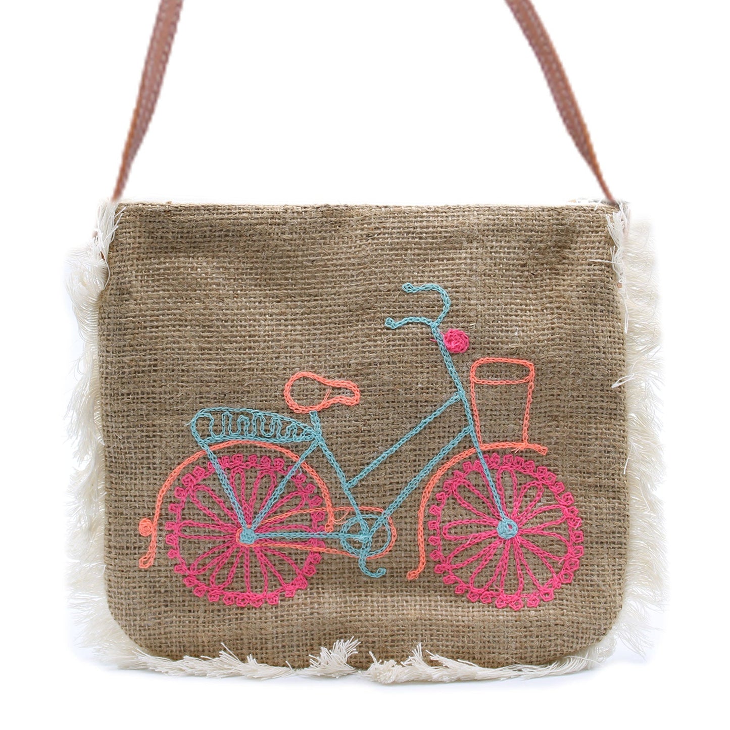 Soft Washed Eco-Friendly Jute Fringe Shoulder Handbags - Bicycle Design product packaging on clean background from Quintessential Holistic Health Ltd