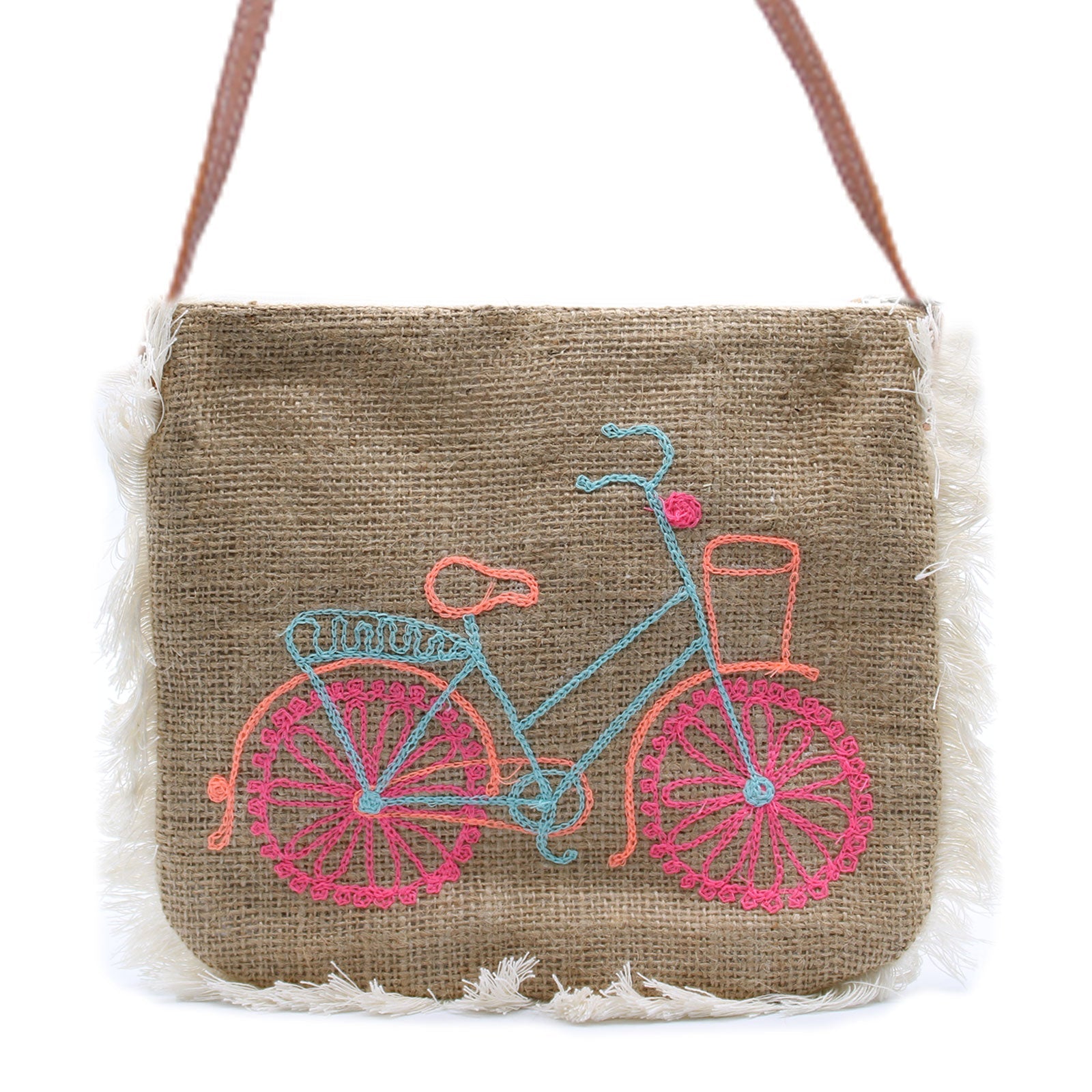 Soft Washed Eco-Friendly Jute Fringe Shoulder Handbags - Bicycle Design product packaging on clean background from Quintessential Holistic Health Ltd