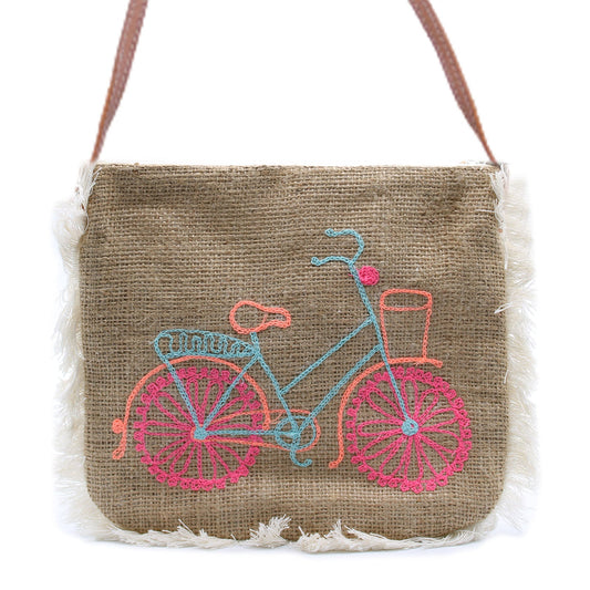 Soft Washed Eco-Friendly Jute Fringe Shoulder Handbags - Bicycle Design product packaging on clean background from Quintessential Holistic Health Ltd