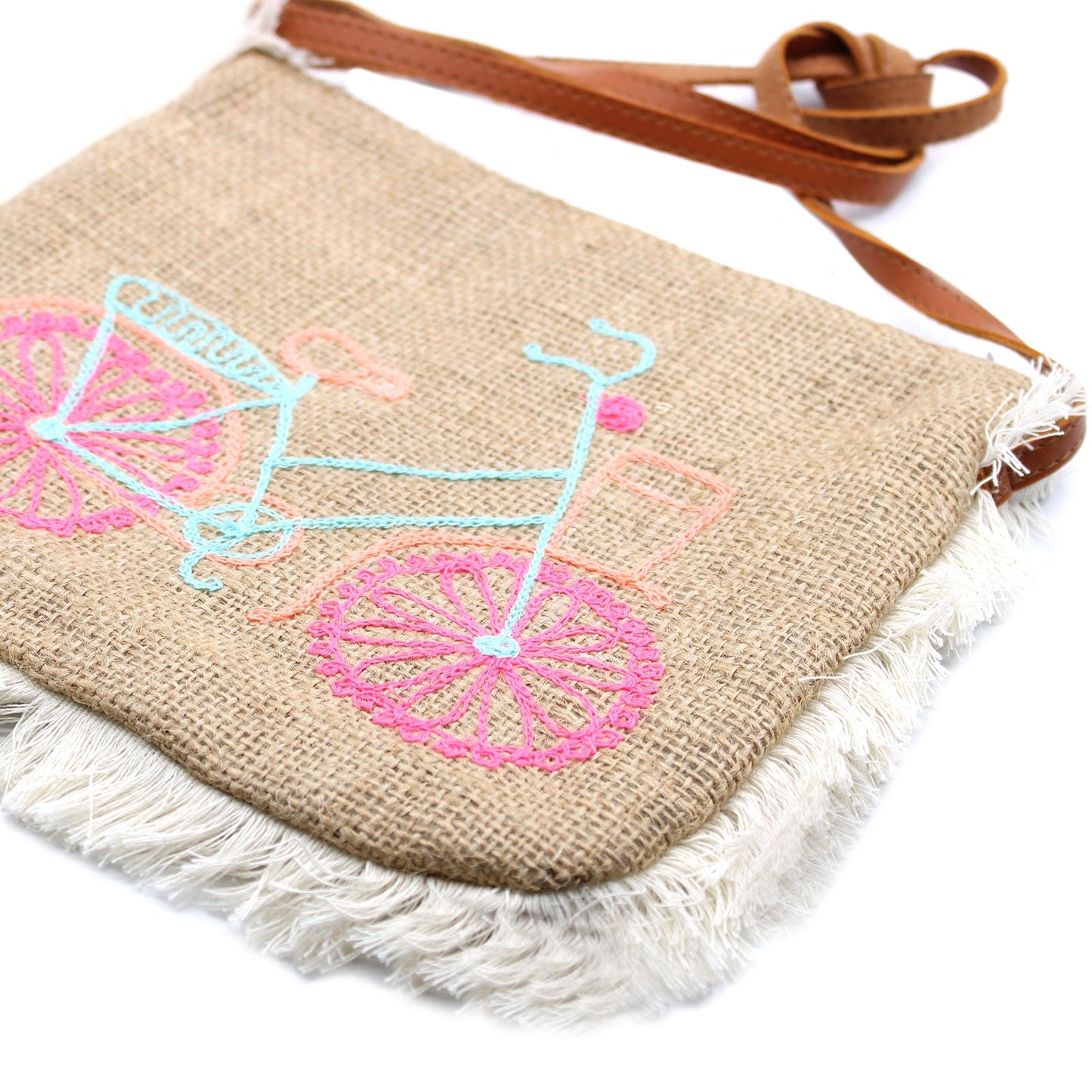 Soft Washed Eco-Friendly Jute Fringe Shoulder Handbags - Bicycle Design product packaging on clean background from Quintessential Holistic Health Ltd