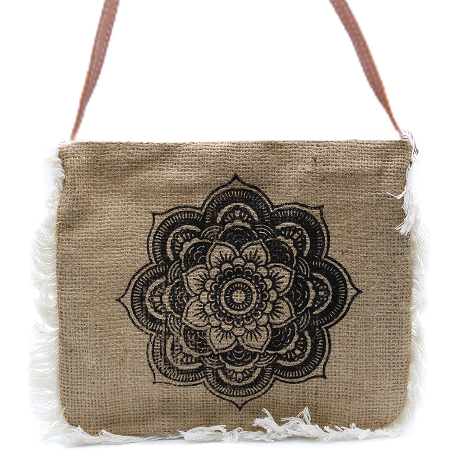 Soft Washed Eco-Friendly Jute Fringe Shoulder Handbags - Mandala Design product packaging on clean background from Quintessential Holistic Health Ltd