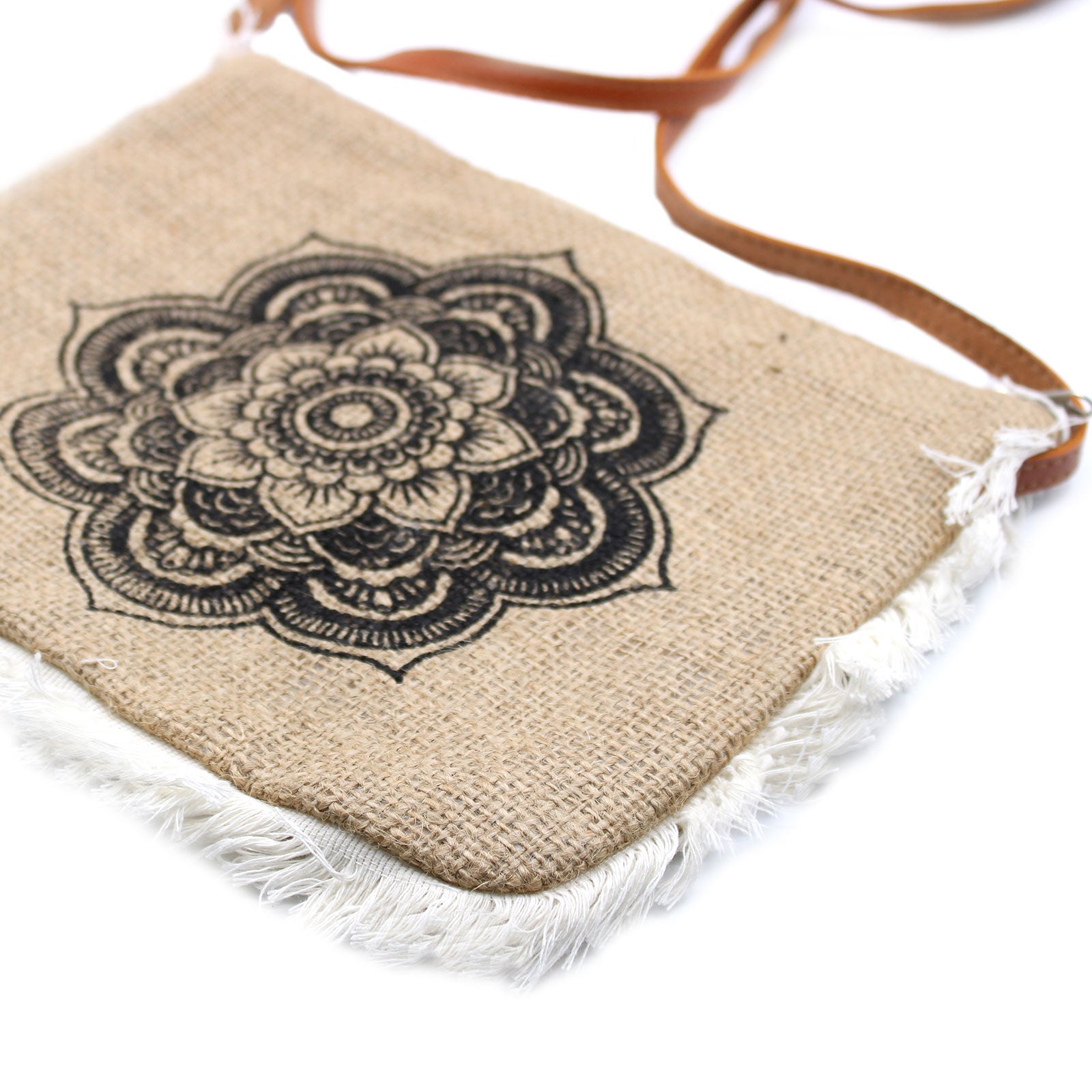 Soft Washed Eco-Friendly Jute Fringe Shoulder Handbags - Mandala Design product packaging on clean background from Quintessential Holistic Health Ltd