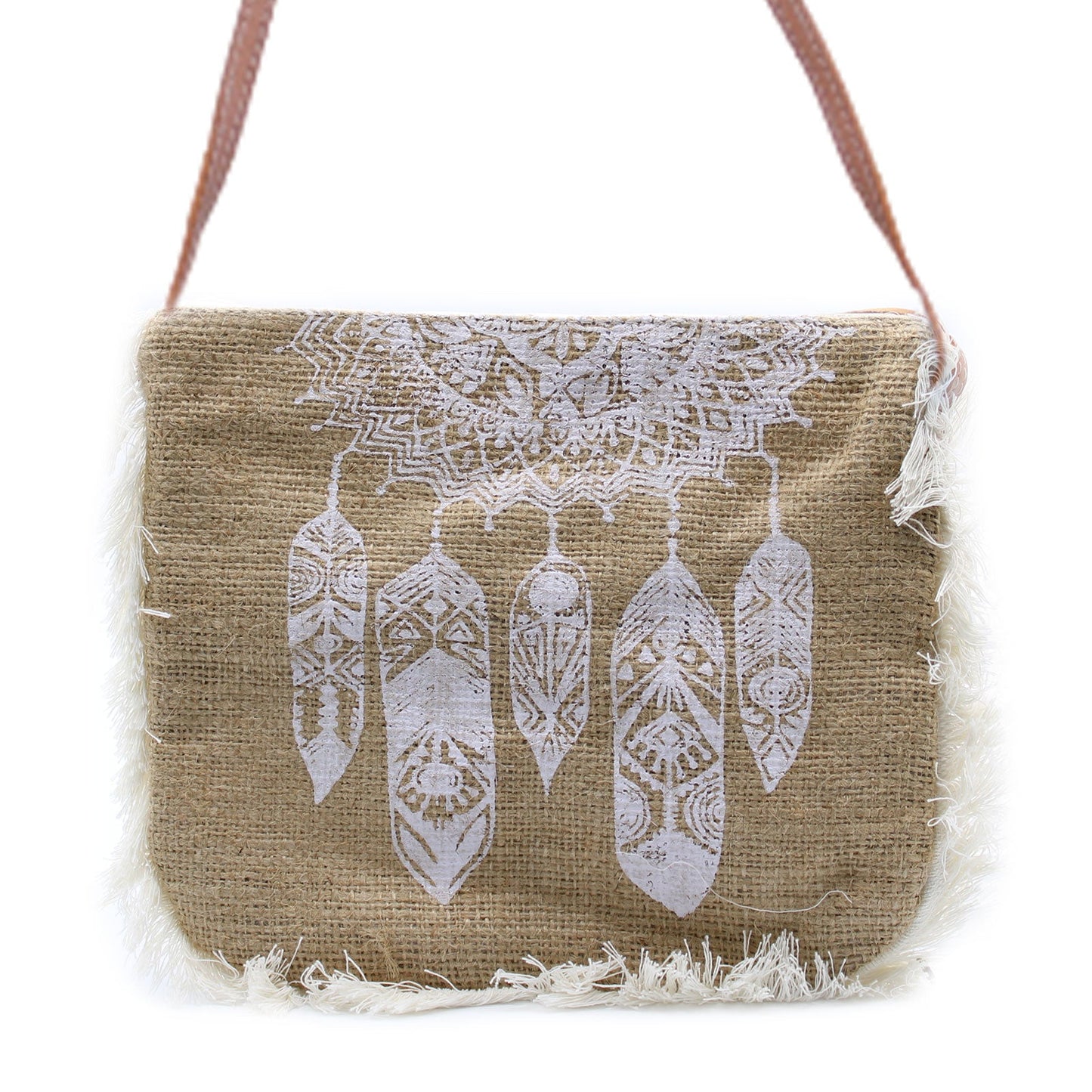 Soft Washed Eco-Friendly Jute Fringe Shoulder Handbags - Dream Catcher Design product packaging on clean background from Quintessential Holistic Health Ltd