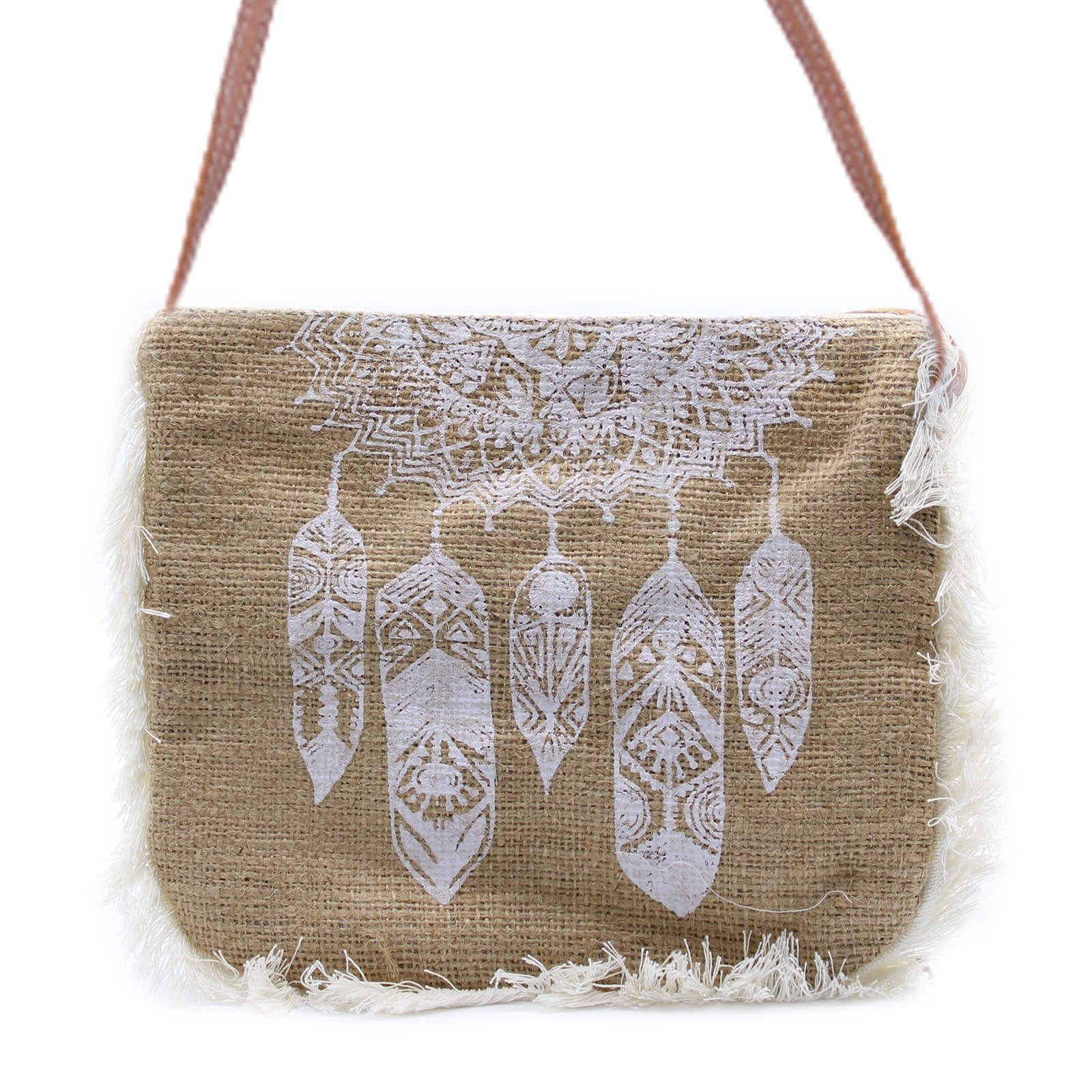 Soft Washed Eco-Friendly Jute Fringe Shoulder Handbags - Dream Catcher Design product packaging on clean background from Quintessential Holistic Health Ltd