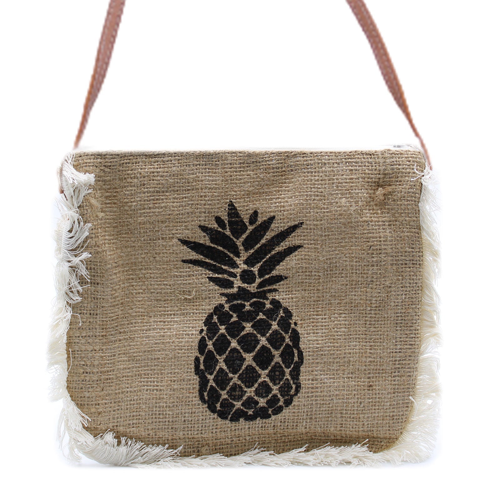 Soft Washed Eco-Friendly Jute Fringe Shoulder Handbags - Pineapple Design product packaging on clean background from Quintessential Holistic Health Ltd