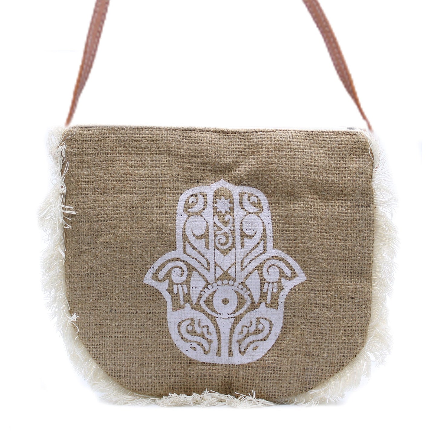 Soft Washed Eco-Friendly Jute Fringe Shoulder Handbags - Hamsa Design product packaging on clean background from Quintessential Holistic Health Ltd