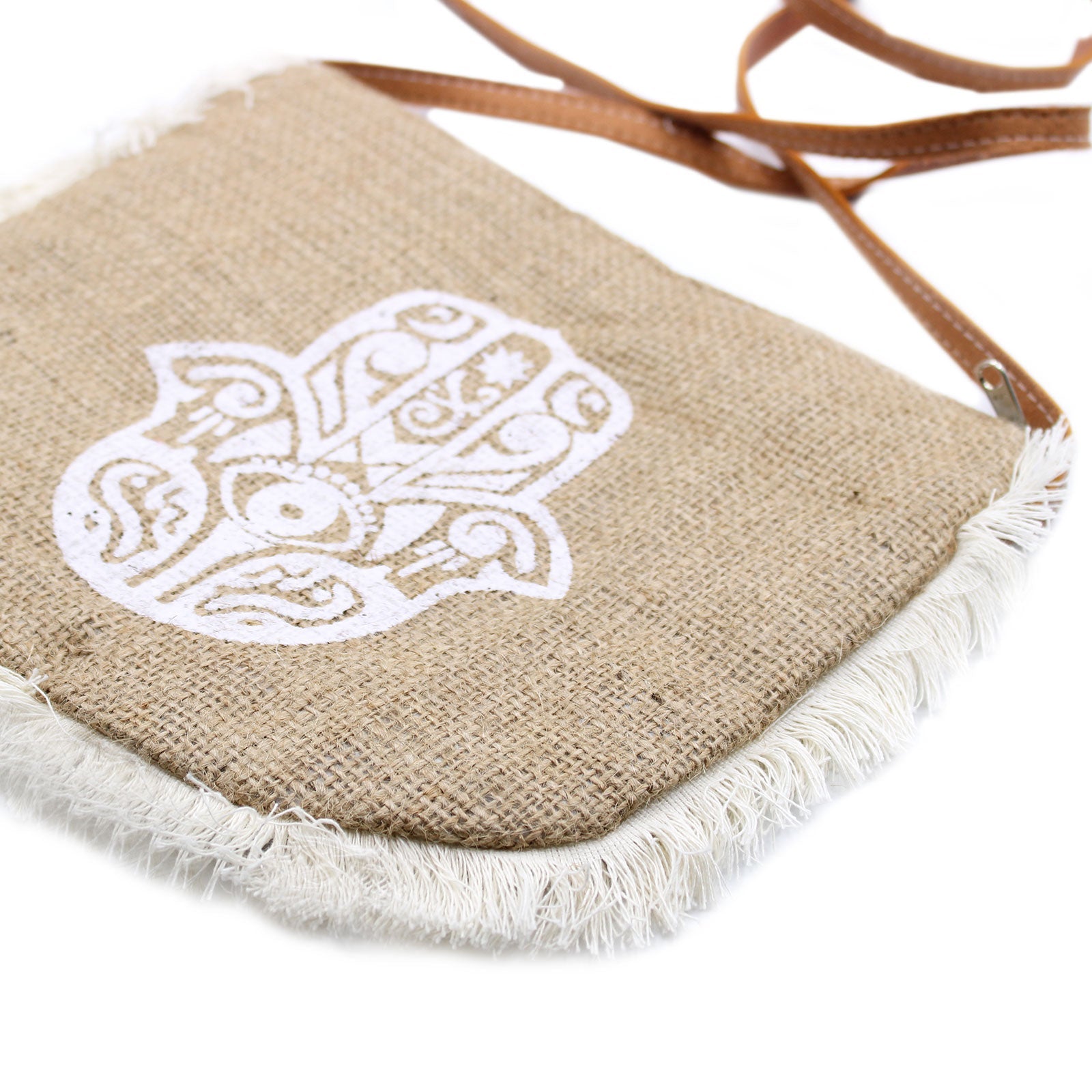 Soft Washed Eco-Friendly Jute Fringe Shoulder Handbags - Hamsa Design product packaging on clean background from Quintessential Holistic Health Ltd