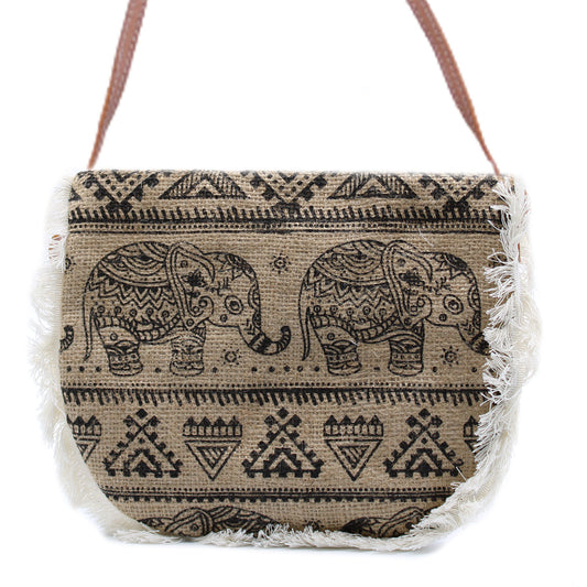 Soft Washed Eco-Friendly Jute Fringe Shoulder Handbags - Elephant Design