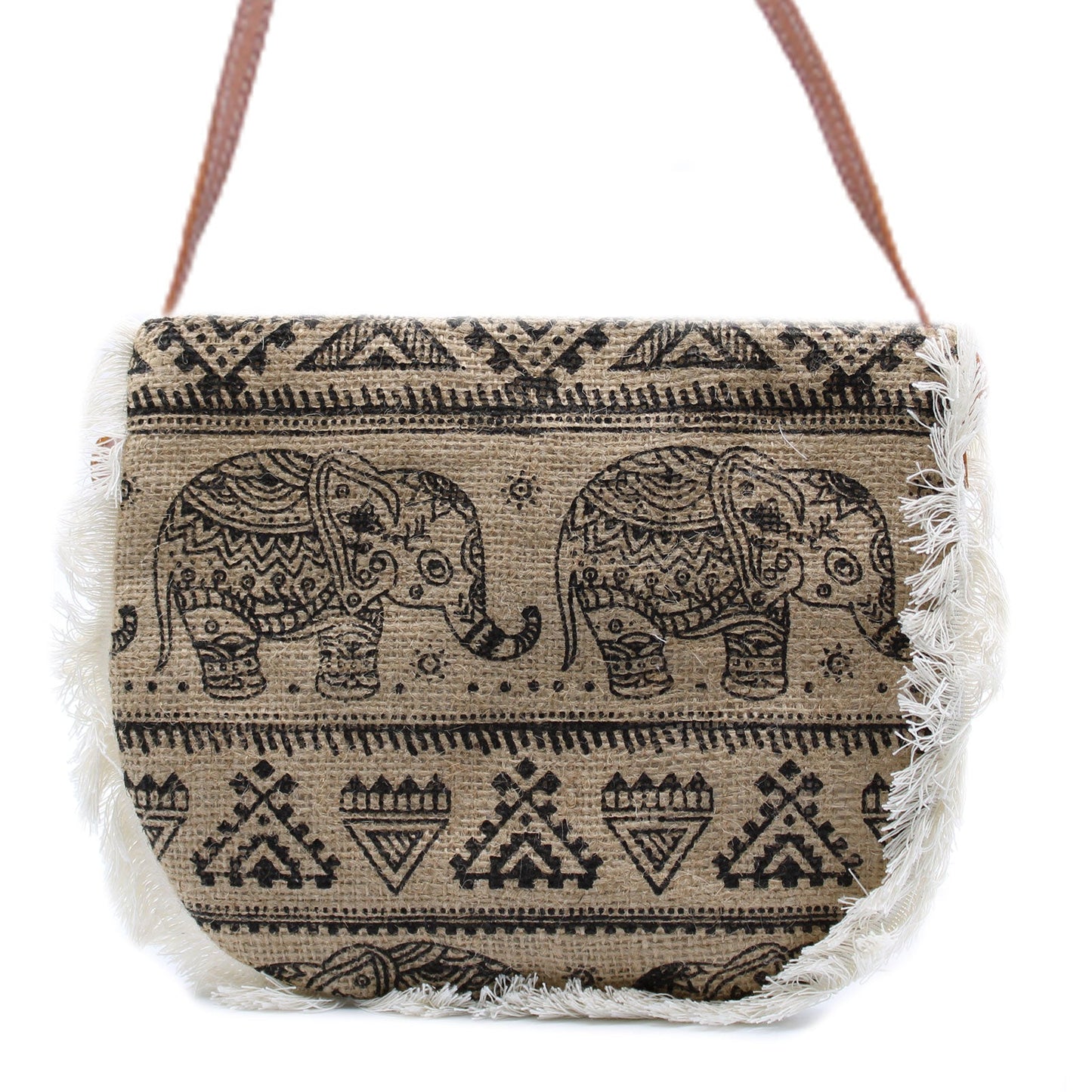 Soft Washed Eco-Friendly Jute Fringe Shoulder Handbags - Elephant Design product packaging on clean background from Quintessential Holistic Health Ltd