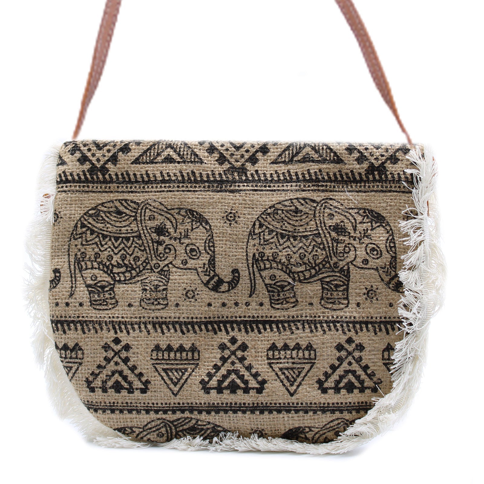 Soft Washed Eco-Friendly Jute Fringe Shoulder Handbags - Elephant Design product packaging on clean background from Quintessential Holistic Health Ltd