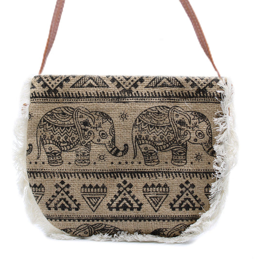 Soft Washed Eco-Friendly Jute Fringe Shoulder Handbags - Elephant Design product packaging on clean background from Quintessential Holistic Health Ltd
