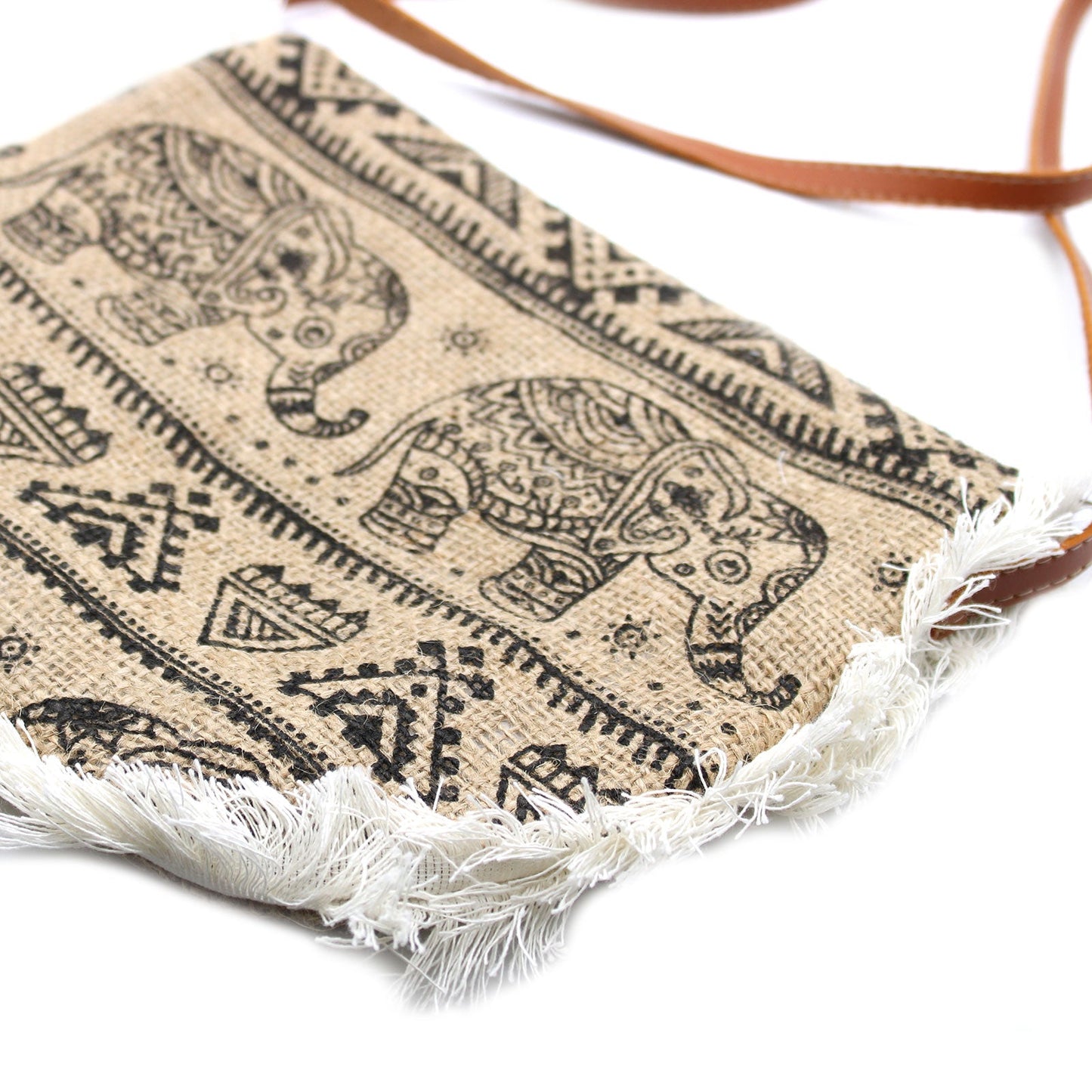 Soft Washed Eco-Friendly Jute Fringe Shoulder Handbags - Elephant Design product packaging on clean background from Quintessential Holistic Health Ltd