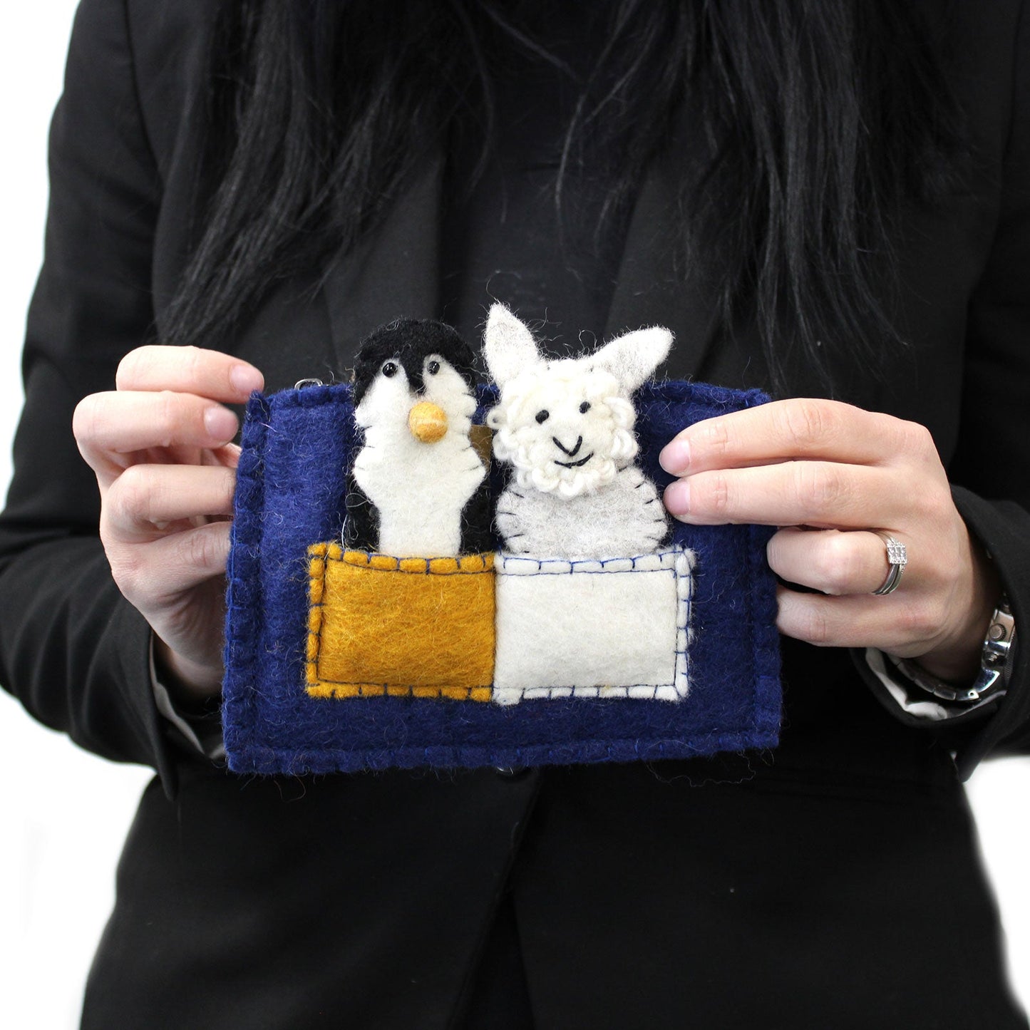 Handmade Natural Felt Purse or Pouch with Zip and Finger Puppets - Puppy Pals product packaging on clean background from Quintessential Holistic Health Ltd
