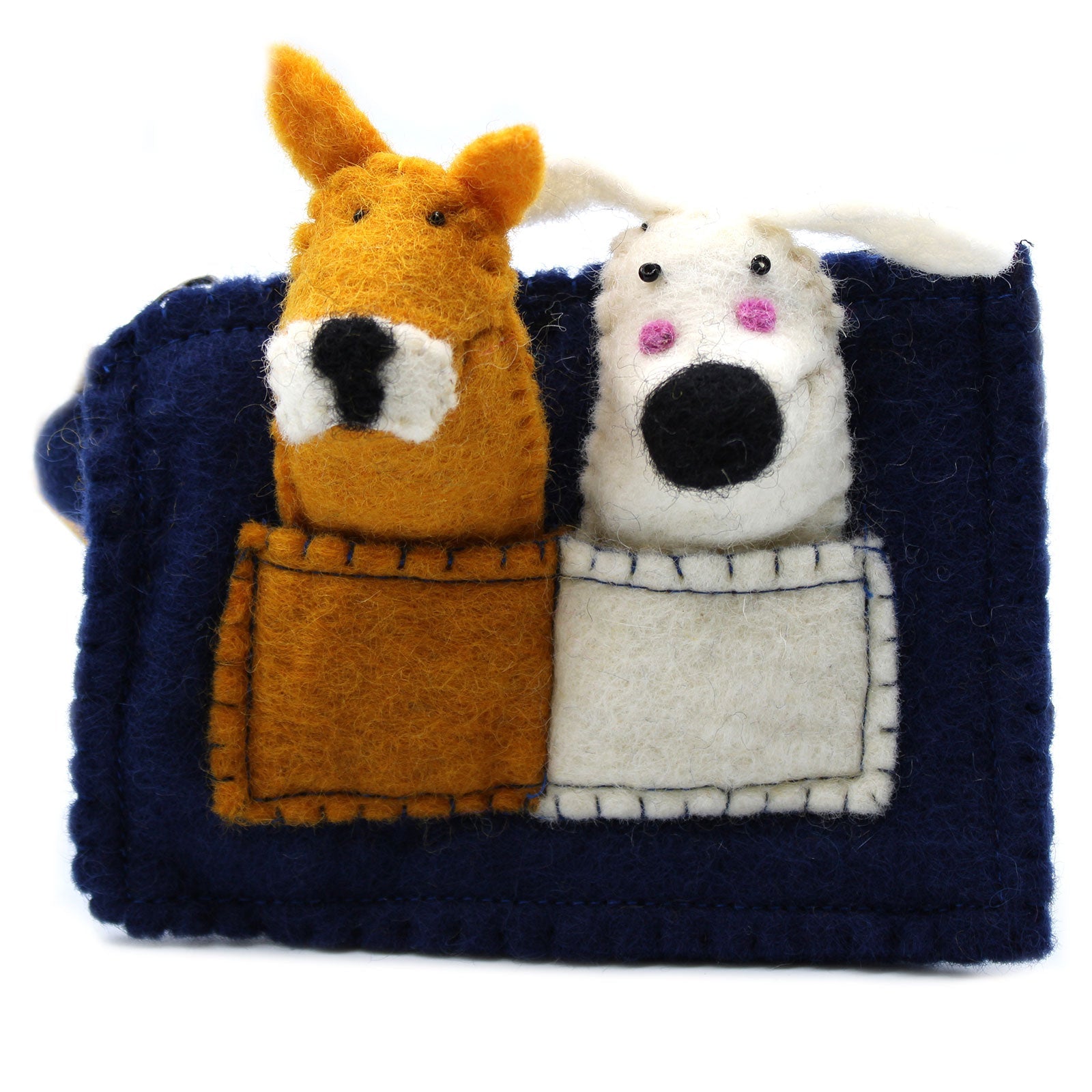 Handmade Natural Felt Purse or Pouch with Zip and Finger Puppets - Puppy Pals product packaging on clean background from Quintessential Holistic Health Ltd