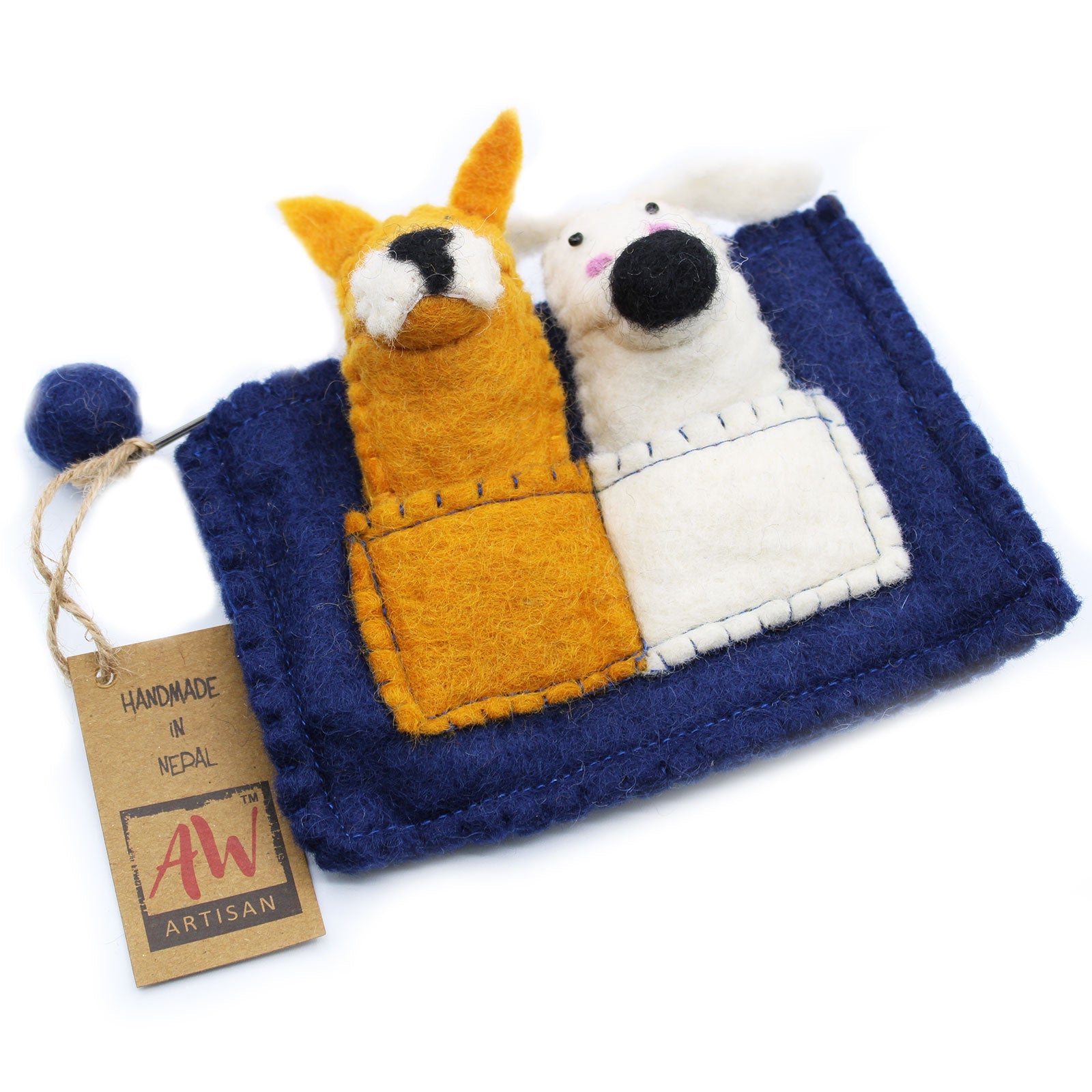 Handmade Natural Felt Purse or Pouch with Zip and Finger Puppets - Puppy Pals product packaging on clean background from Quintessential Holistic Health Ltd