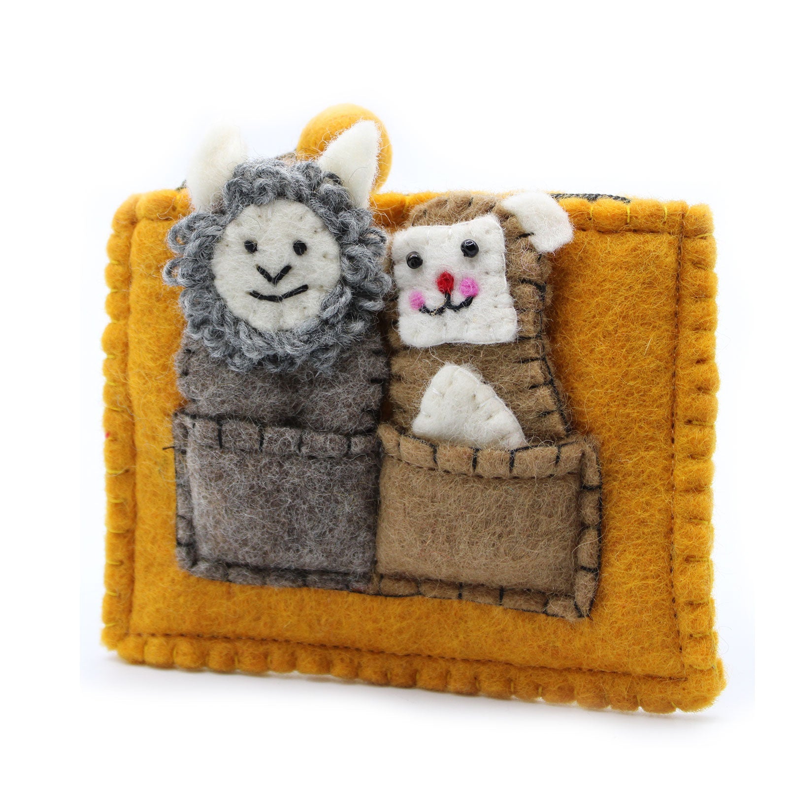 Handmade Natural Felt Purse or Pouch with Zip and Finger Puppets - Bear and Sheep product packaging on clean background from Quintessential Holistic Health Ltd