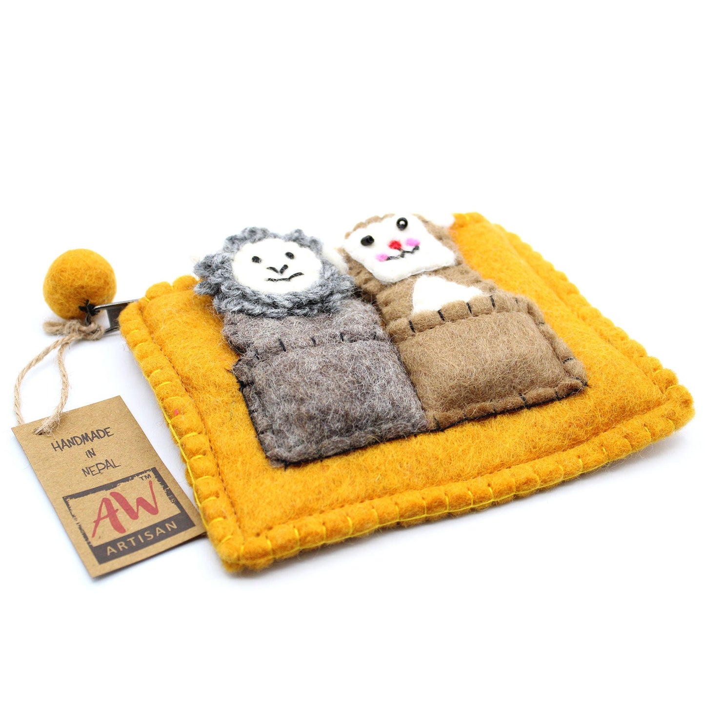 Handmade Natural Felt Purse or Pouch with Zip and Finger Puppets - Bear and Sheep product packaging on clean background from Quintessential Holistic Health Ltd