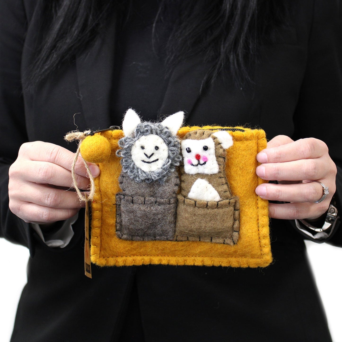 Handmade Natural Felt Purse or Pouch with Zip and Finger Puppets - Bear and Sheep product packaging on clean background from Quintessential Holistic Health Ltd