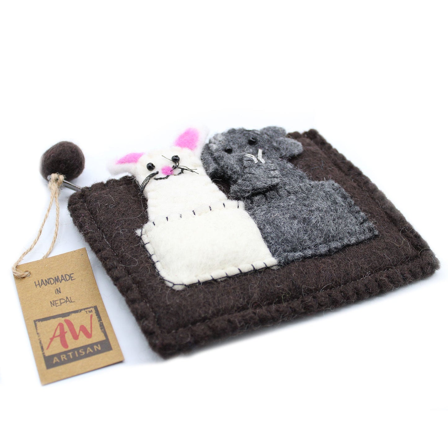 Handmade Natural Felt Purse or Pouch with Zip and Finger Puppets - Elephant and Mouse product packaging on clean background from Quintessential Holistic Health Ltd