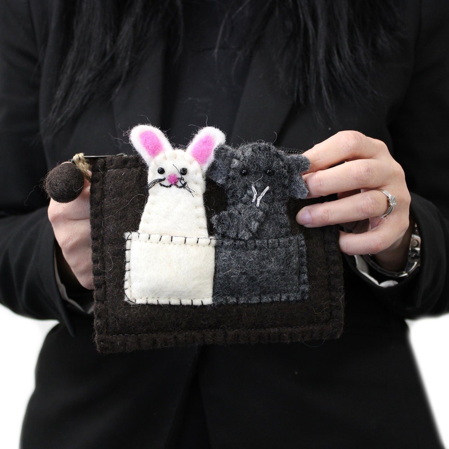 Handmade Natural Felt Purse or Pouch with Zip and Finger Puppets - Elephant and Mouse product packaging on clean background from Quintessential Holistic Health Ltd