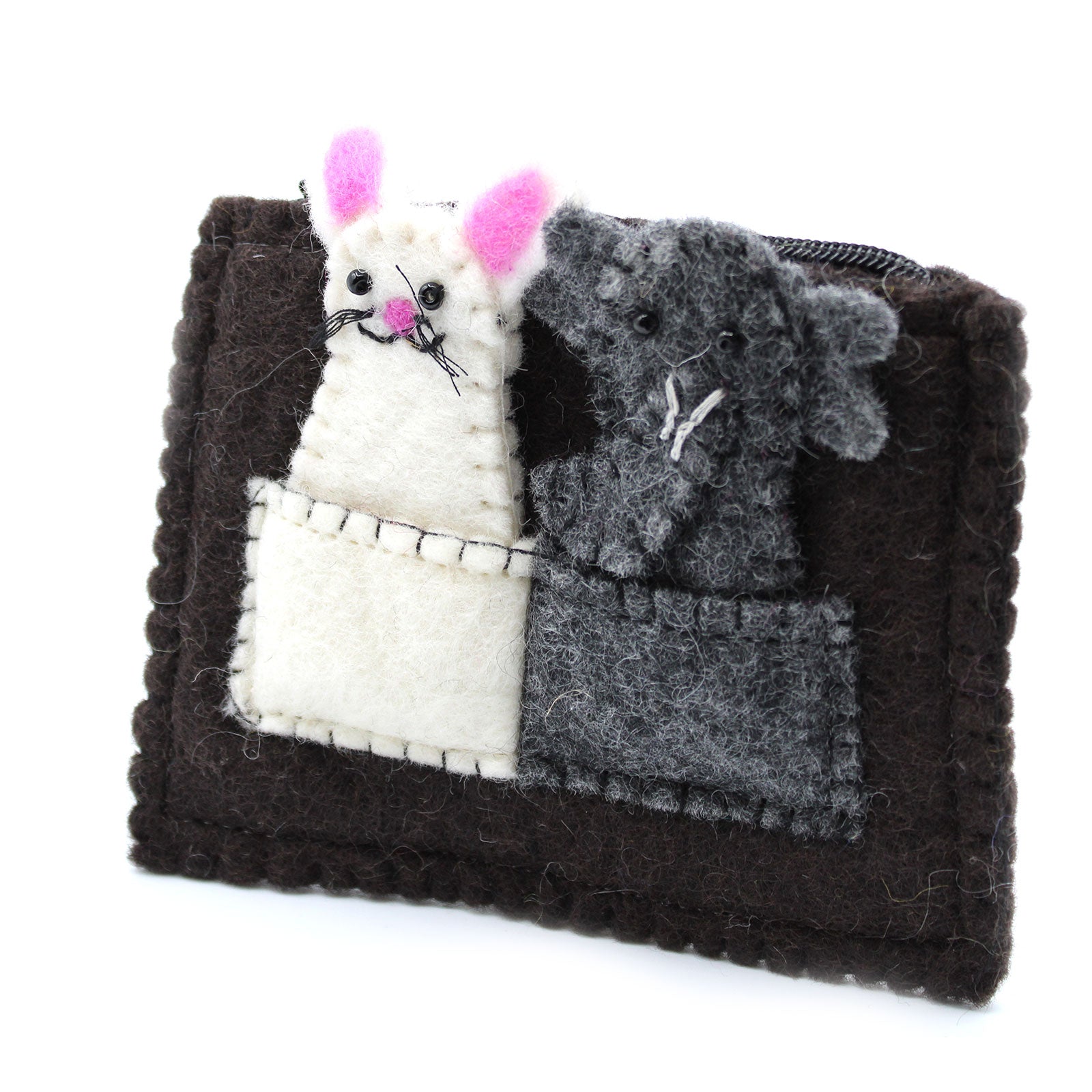 Handmade Natural Felt Purse or Pouch with Zip and Finger Puppets - Elephant and Mouse product packaging on clean background from Quintessential Holistic Health Ltd