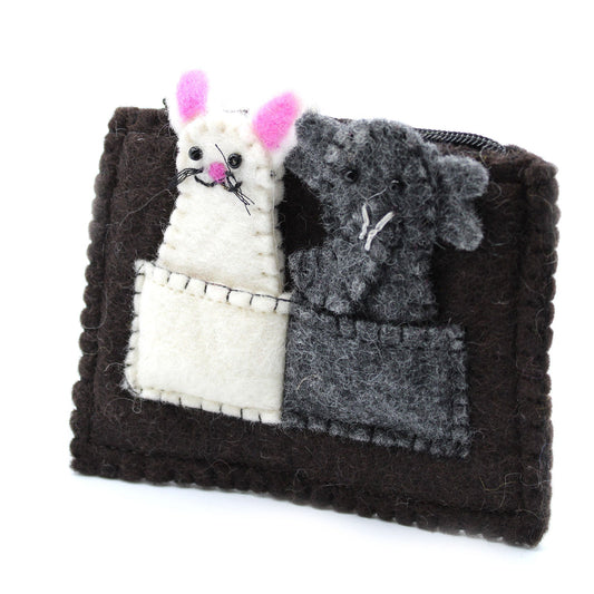 Handmade Natural Felt Purse or Pouch with Zip and Finger Puppets - Elephant and Mouse product packaging on clean background from Quintessential Holistic Health Ltd