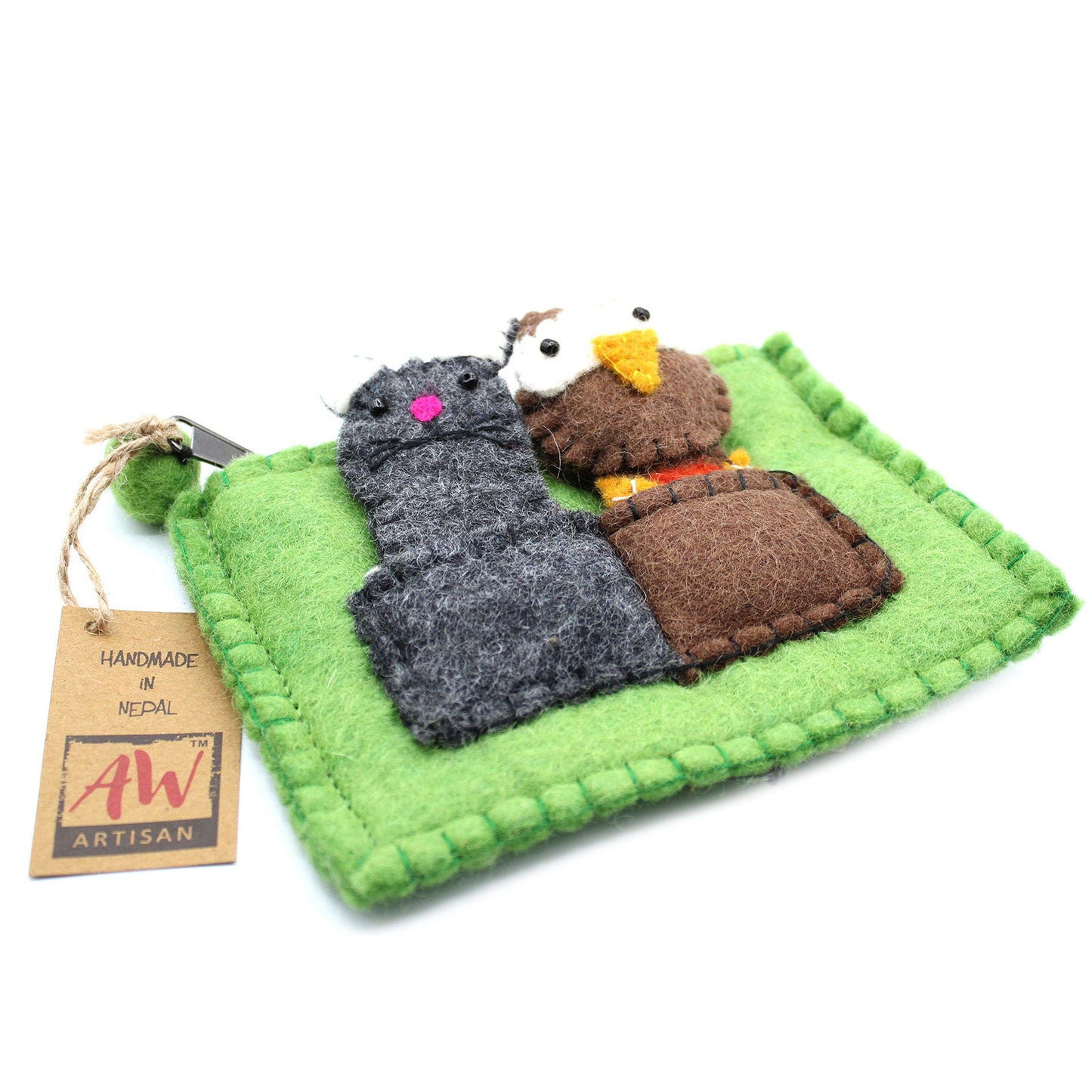 Handmade Natural Felt Purse or Pouch with Zip and Finger Puppets - Owl and Pussycat product packaging on clean background from Quintessential Holistic Health Ltd