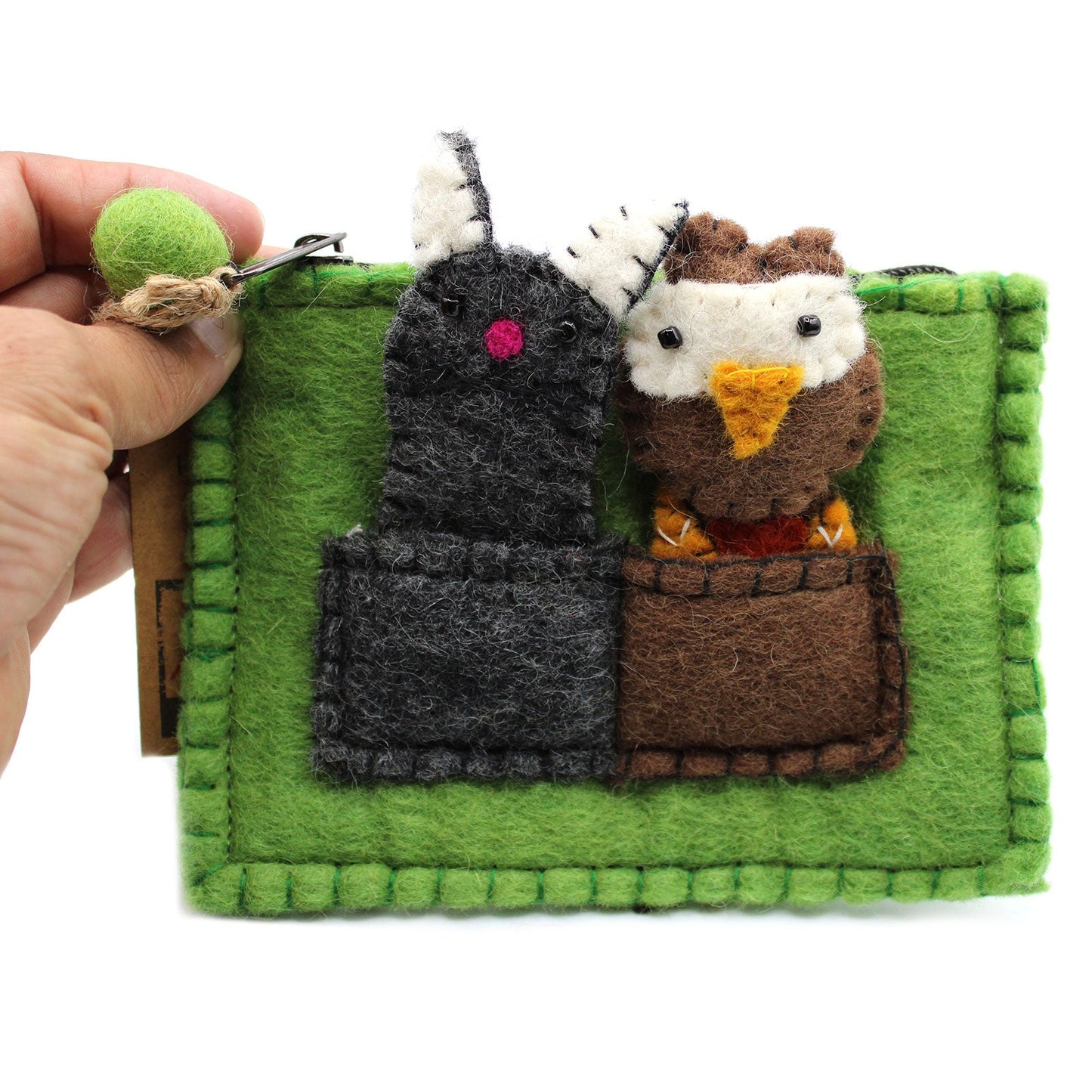Handmade Natural Felt Purse or Pouch with Zip and Finger Puppets - Owl and Pussycat product packaging on clean background from Quintessential Holistic Health Ltd