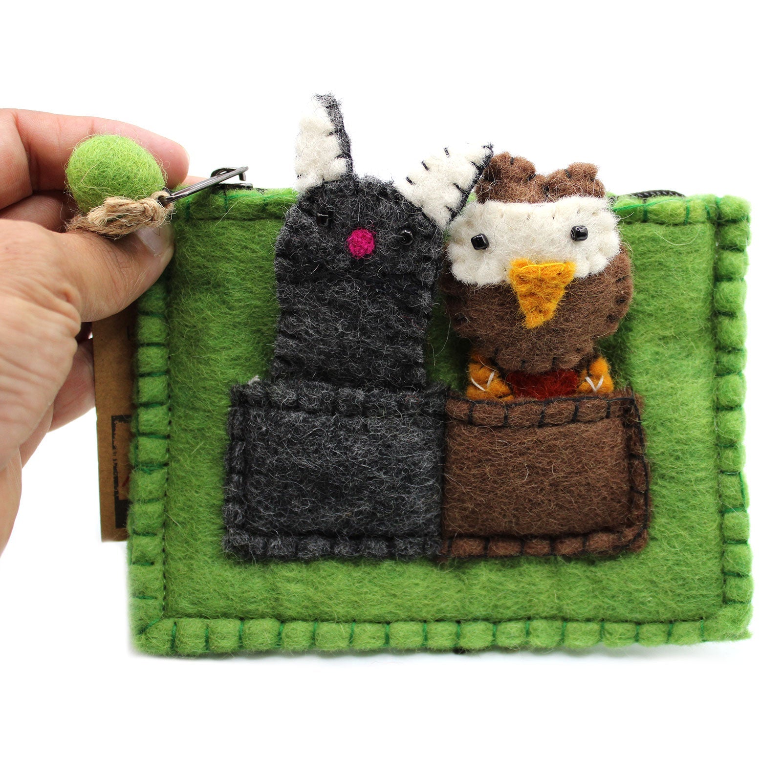 Handmade Natural Felt Purse or Pouch with Zip and Finger Puppets - Owl and Pussycat product packaging on clean background from Quintessential Holistic Health Ltd