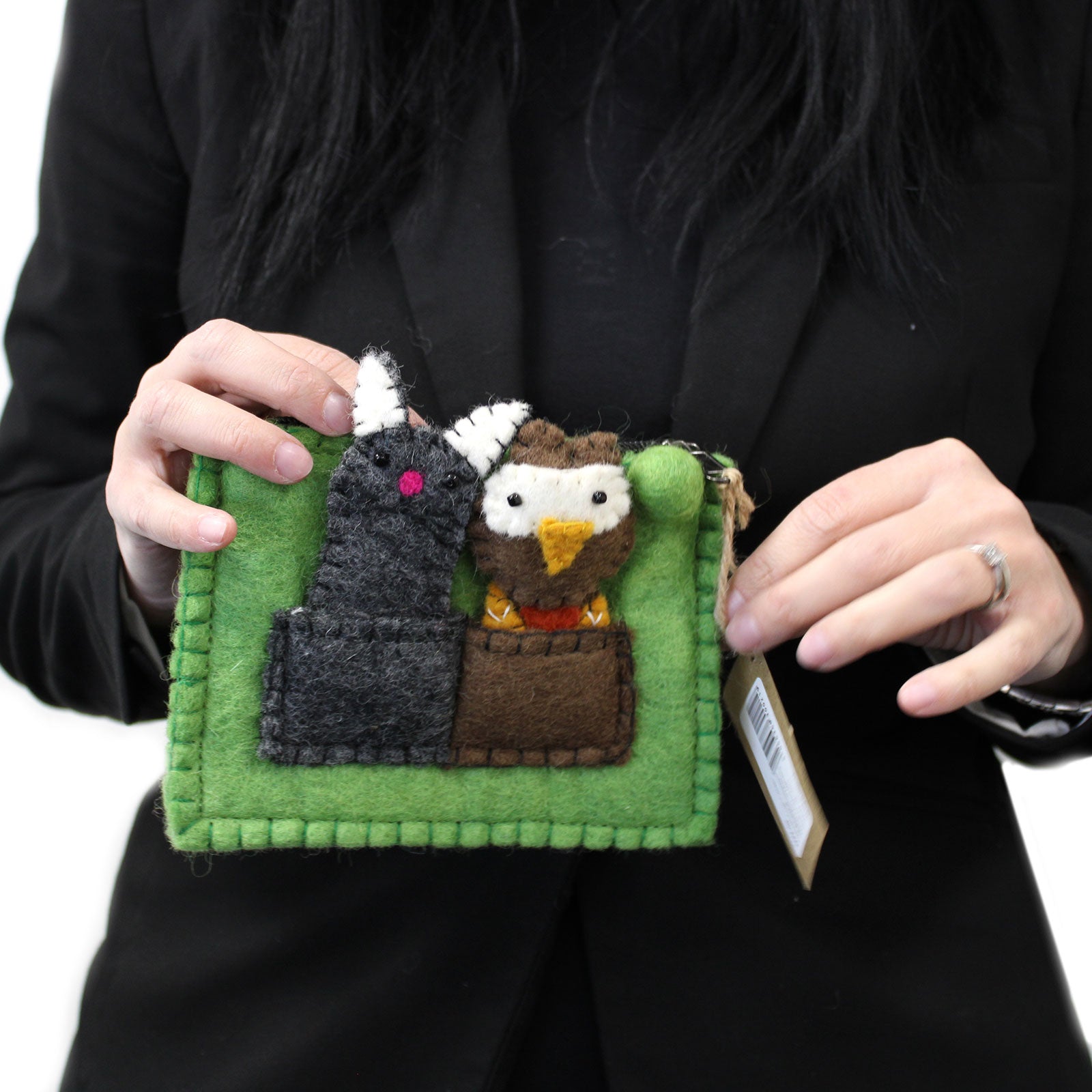 Handmade Natural Felt Purse or Pouch with Zip and Finger Puppets - Owl and Pussycat product packaging on clean background from Quintessential Holistic Health Ltd