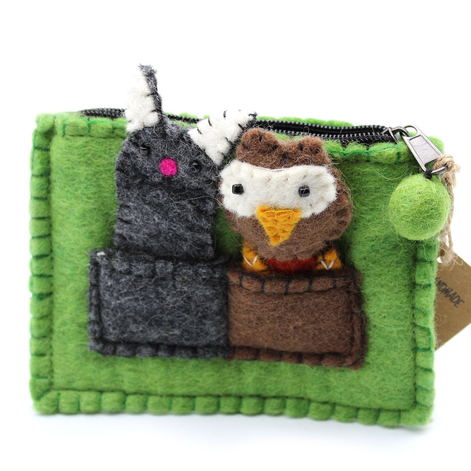 Handmade Natural Felt Purse or Pouch with Zip and Finger Puppets - Owl and Pussycat product packaging on clean background from Quintessential Holistic Health Ltd
