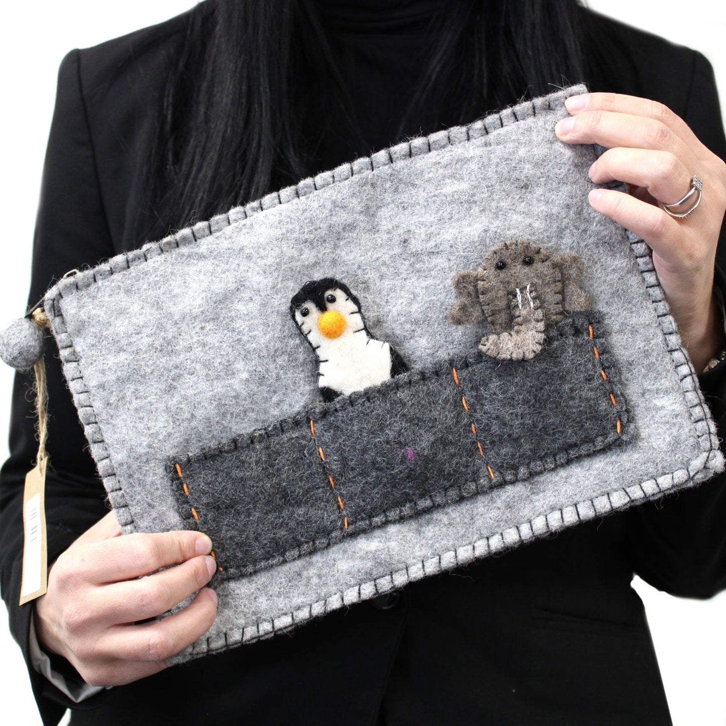 Handmade Natural Felt Tablet Pouch with Zip and Finger Puppets - Sheep, Penguin and Elephant product packaging on clean background from Quintessential Holistic Health Ltd