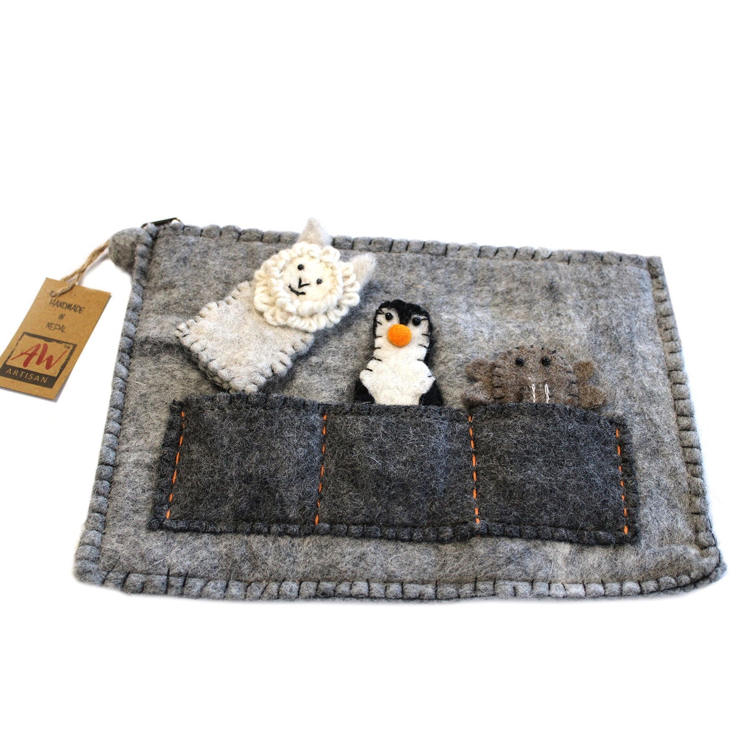 Handmade Natural Felt Tablet Pouch with Zip and Finger Puppets - Sheep, Penguin and Elephant product packaging on clean background from Quintessential Holistic Health Ltd