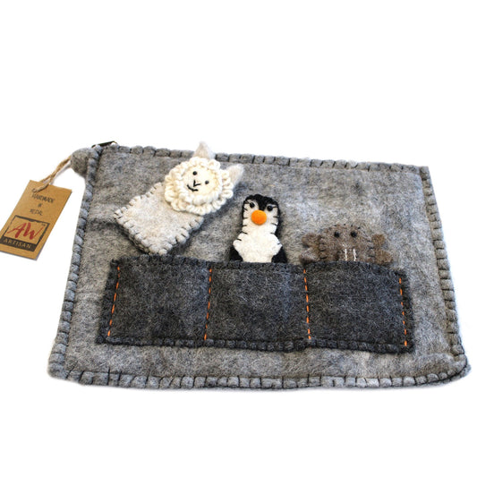 Handmade Natural Felt Tablet Pouch with Zip and Finger Puppets - Sheep, Penguin and Elephant product packaging on clean background from Quintessential Holistic Health Ltd