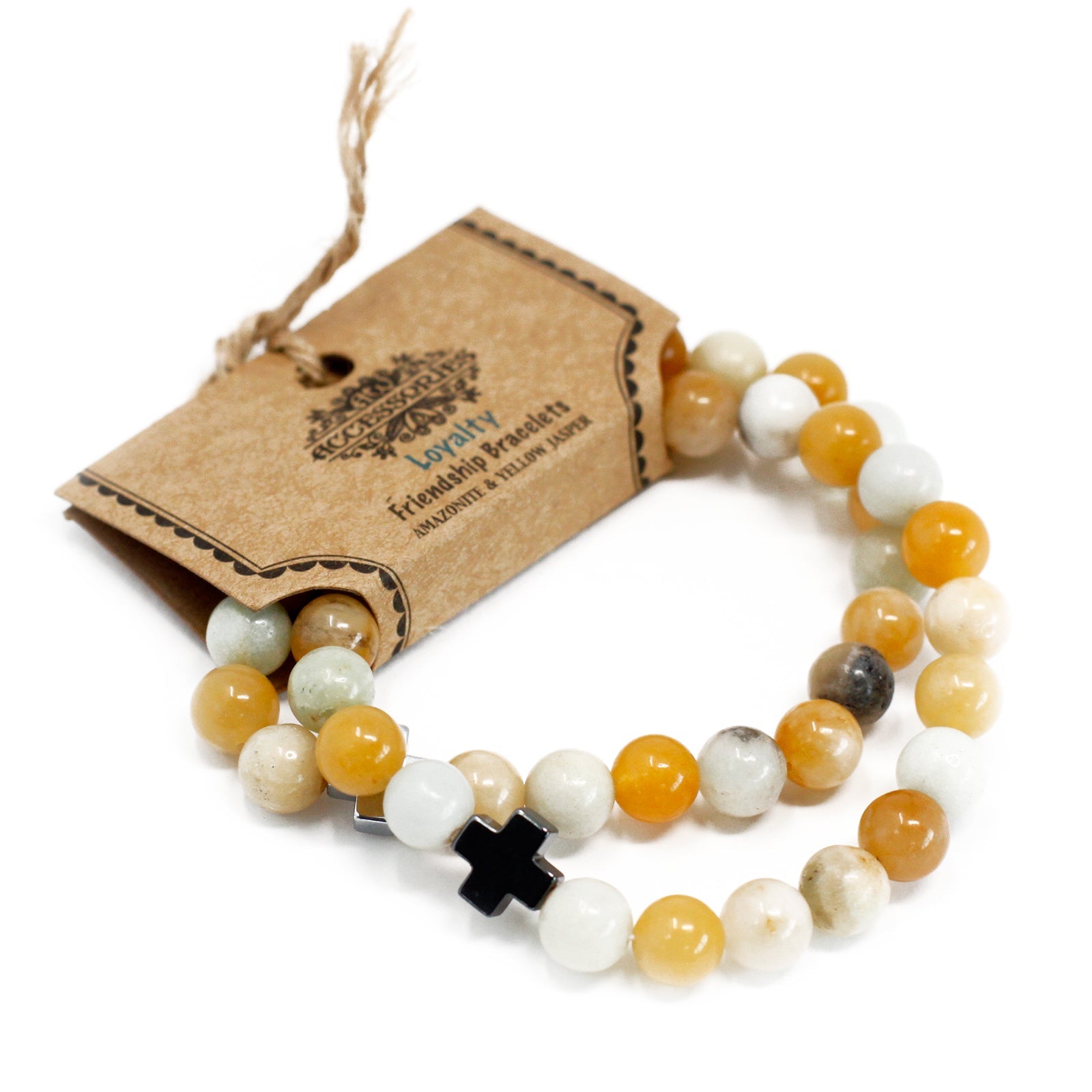 Set of 2 Gemstones Friendship Bracelets - Amazonite and Yellow Jasper / Loyalty product packaging on clean background from Quintessential Holistic Health Ltd