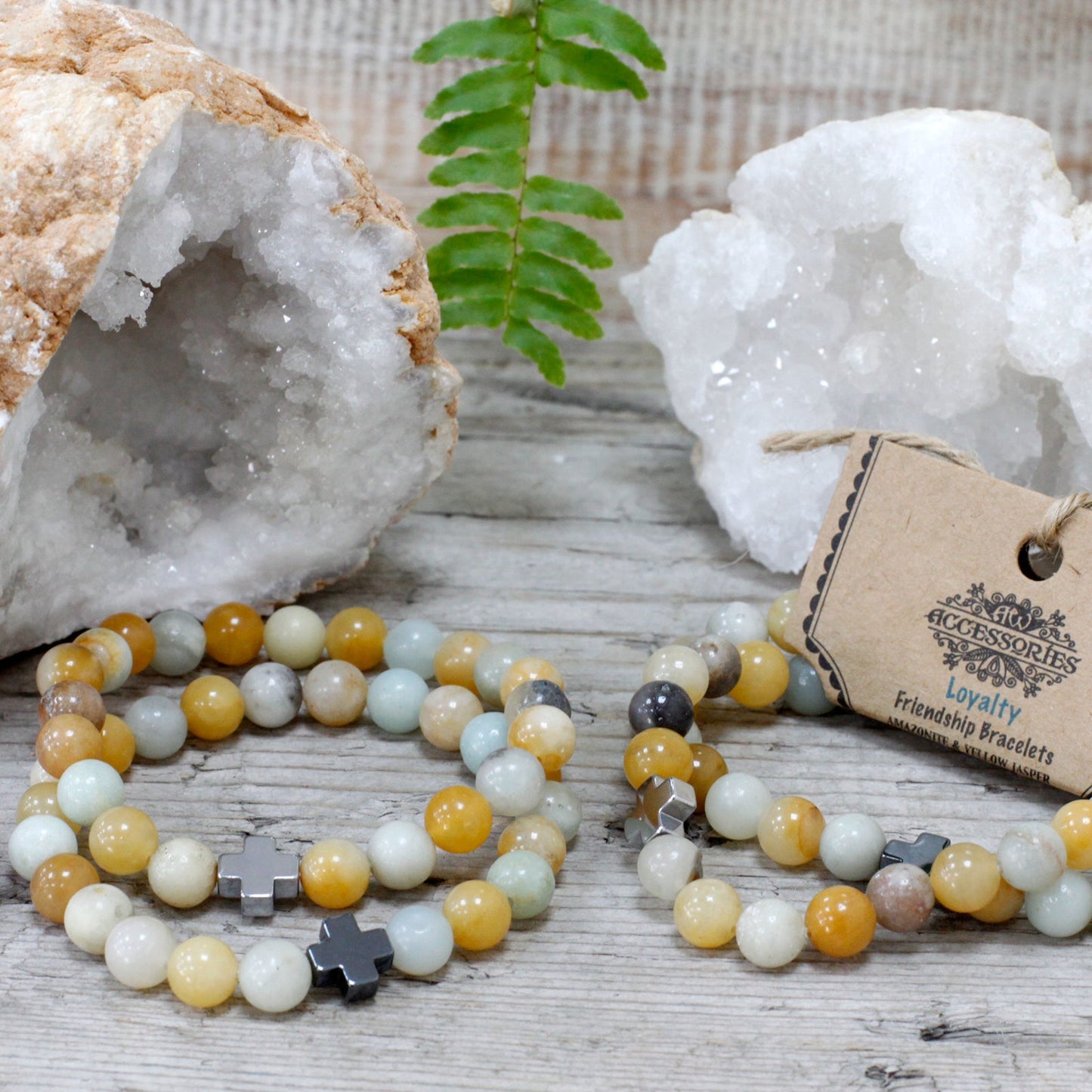 Set of 2 Gemstones Friendship Bracelets - Amazonite and Yellow Jasper / Loyalty product packaging on clean background from Quintessential Holistic Health Ltd