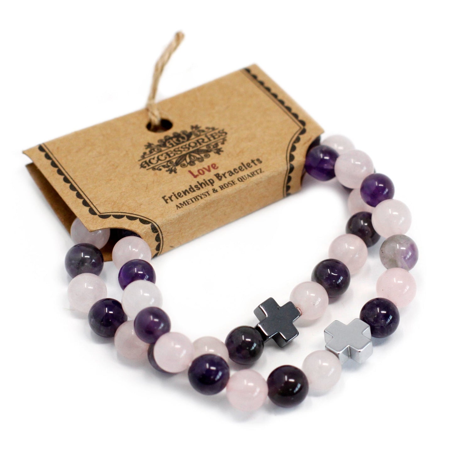 Set of 2 Gemstones Friendship Bracelets - Amethyst and Rose Quartz / Love product packaging on clean background from Quintessential Holistic Health Ltd