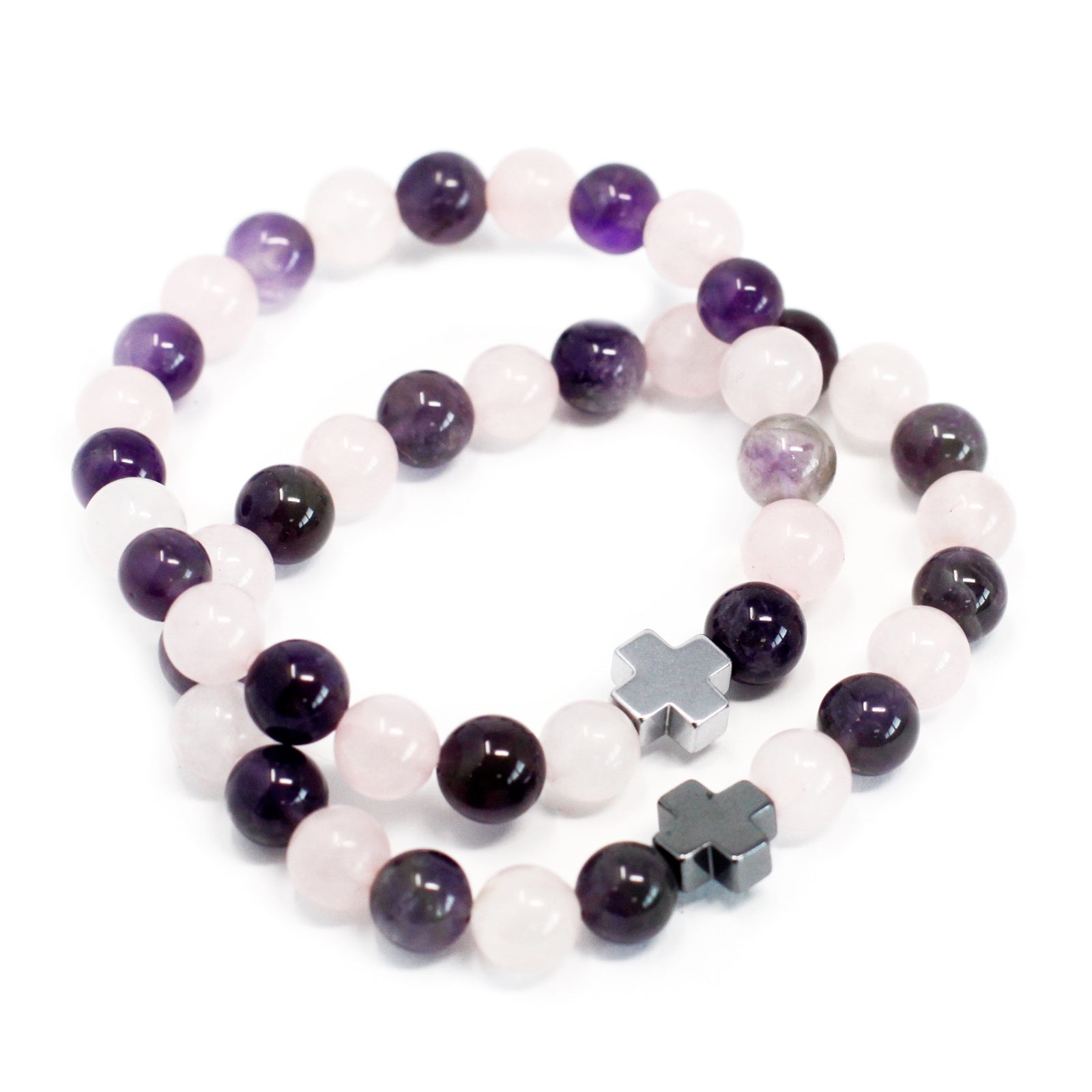 Set of 2 Gemstones Friendship Bracelets - Amethyst and Rose Quartz / Love product packaging on clean background from Quintessential Holistic Health Ltd