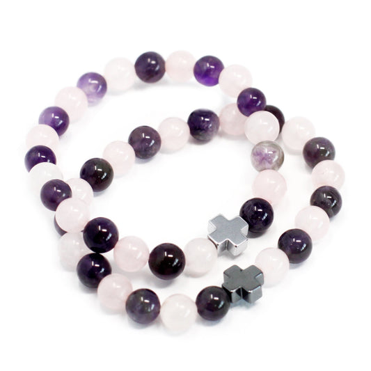 Set of 2 Gemstones Friendship Bracelets - Amethyst and Rose Quartz / Love product packaging on clean background from Quintessential Holistic Health Ltd